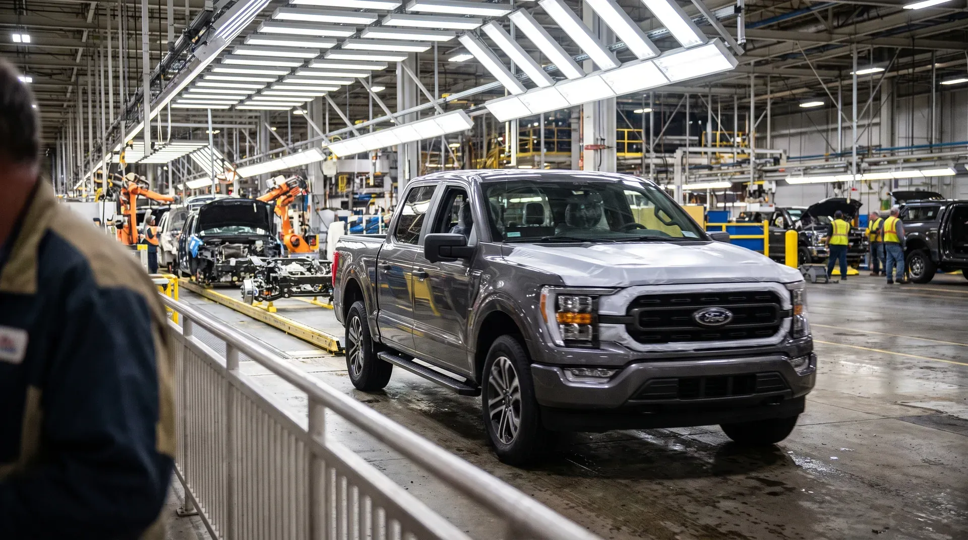 Ford-pick-up op productielijn in moderne autofabriek met robotarmen en arbeiders