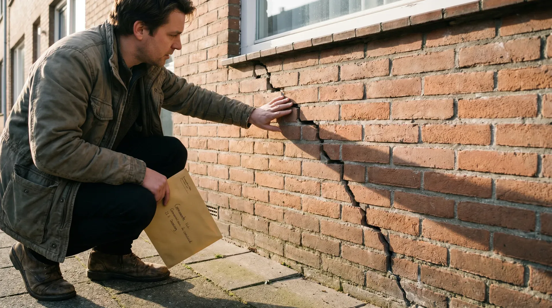 Man inspecteert scheuren in bakstenen muur van woning onder raam.