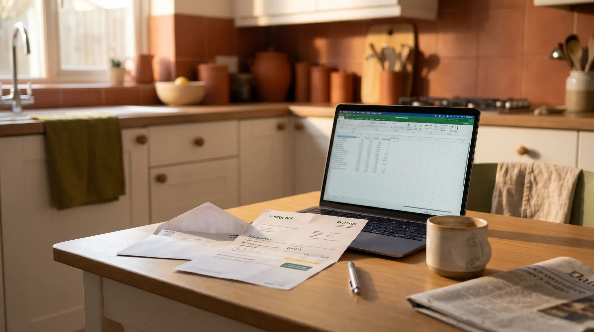 Houten keukentafel met energierekeningen, laptop met spreadsheet, koffiekop en krant