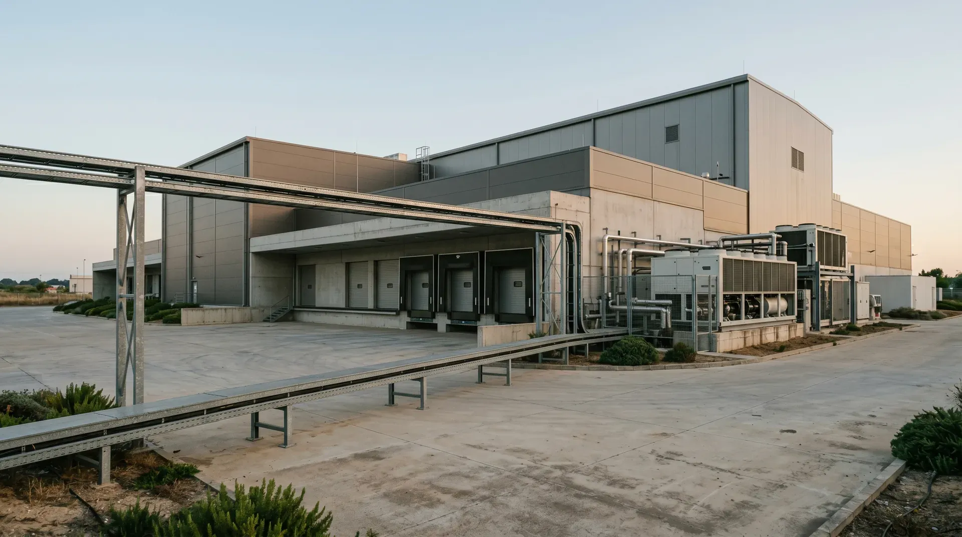 Moderne industriële faciliteit met betonnen platform, stalen constructies en technische installaties bij daglicht.