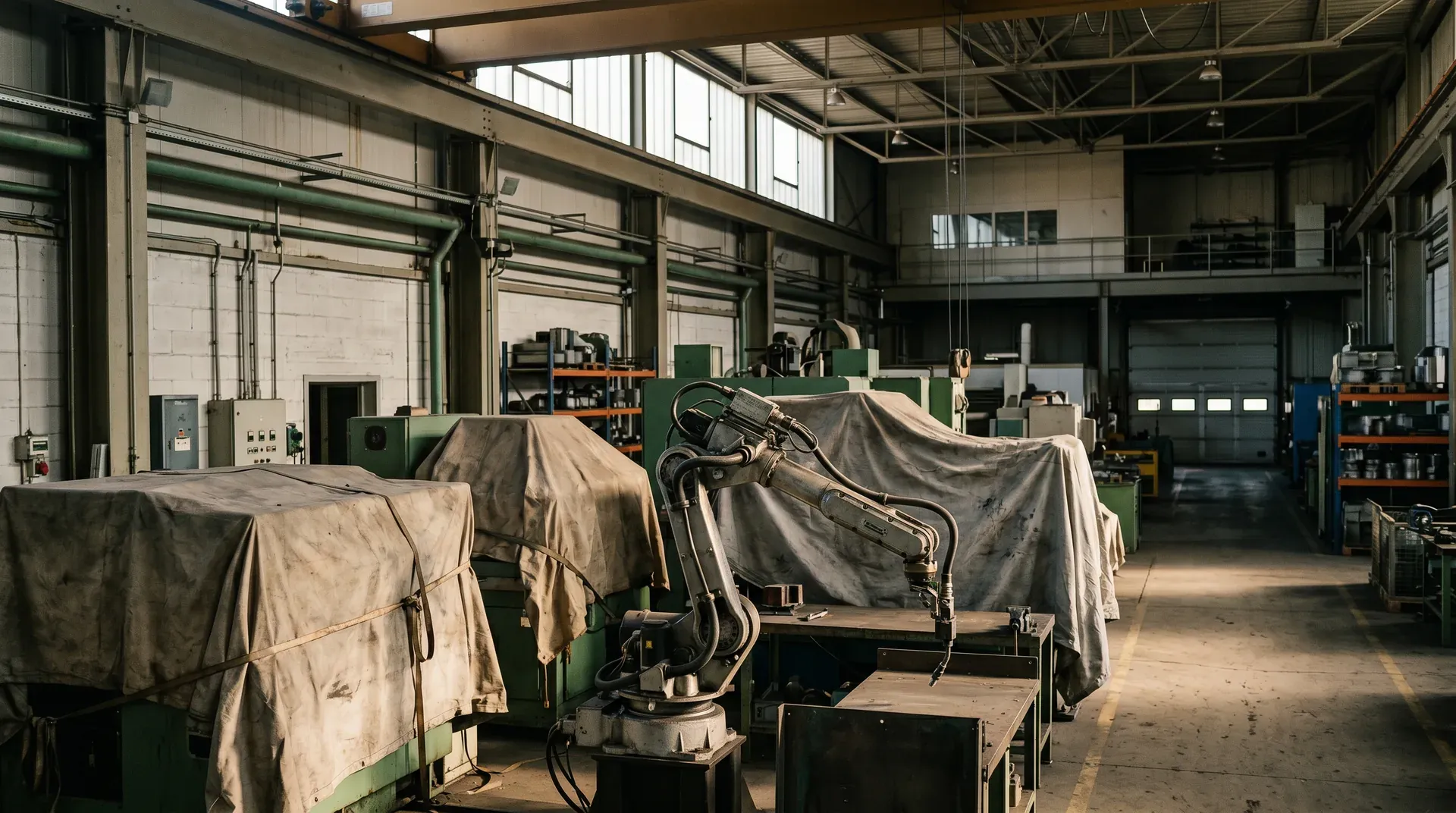 Industriële fabriekshal met groene machines onder grijze doeken en zwevende hijskranen.