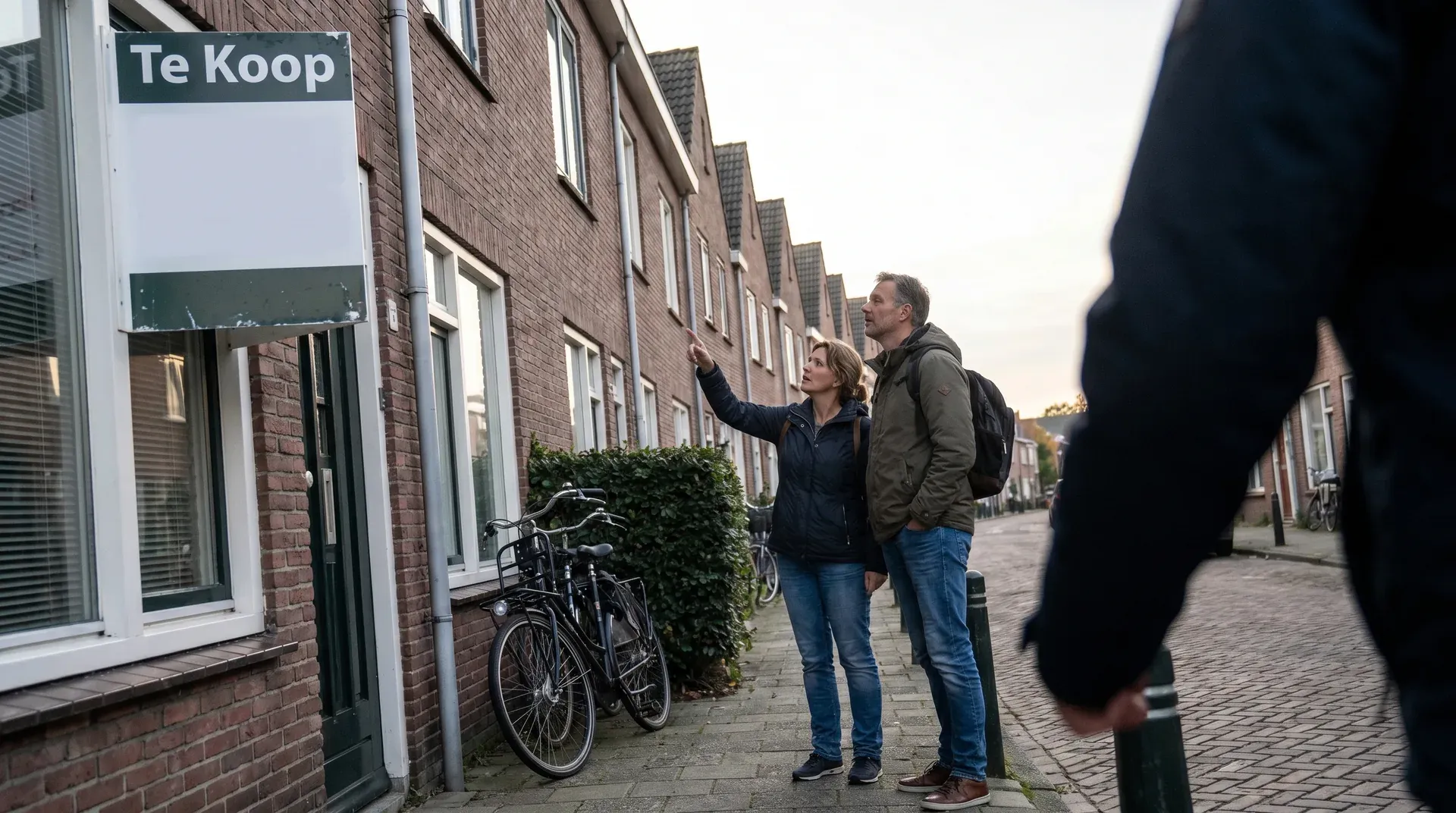 Koppel bekijkt woning met 'Te Koop' bord op Nederlandse straat met bakstenen huizen