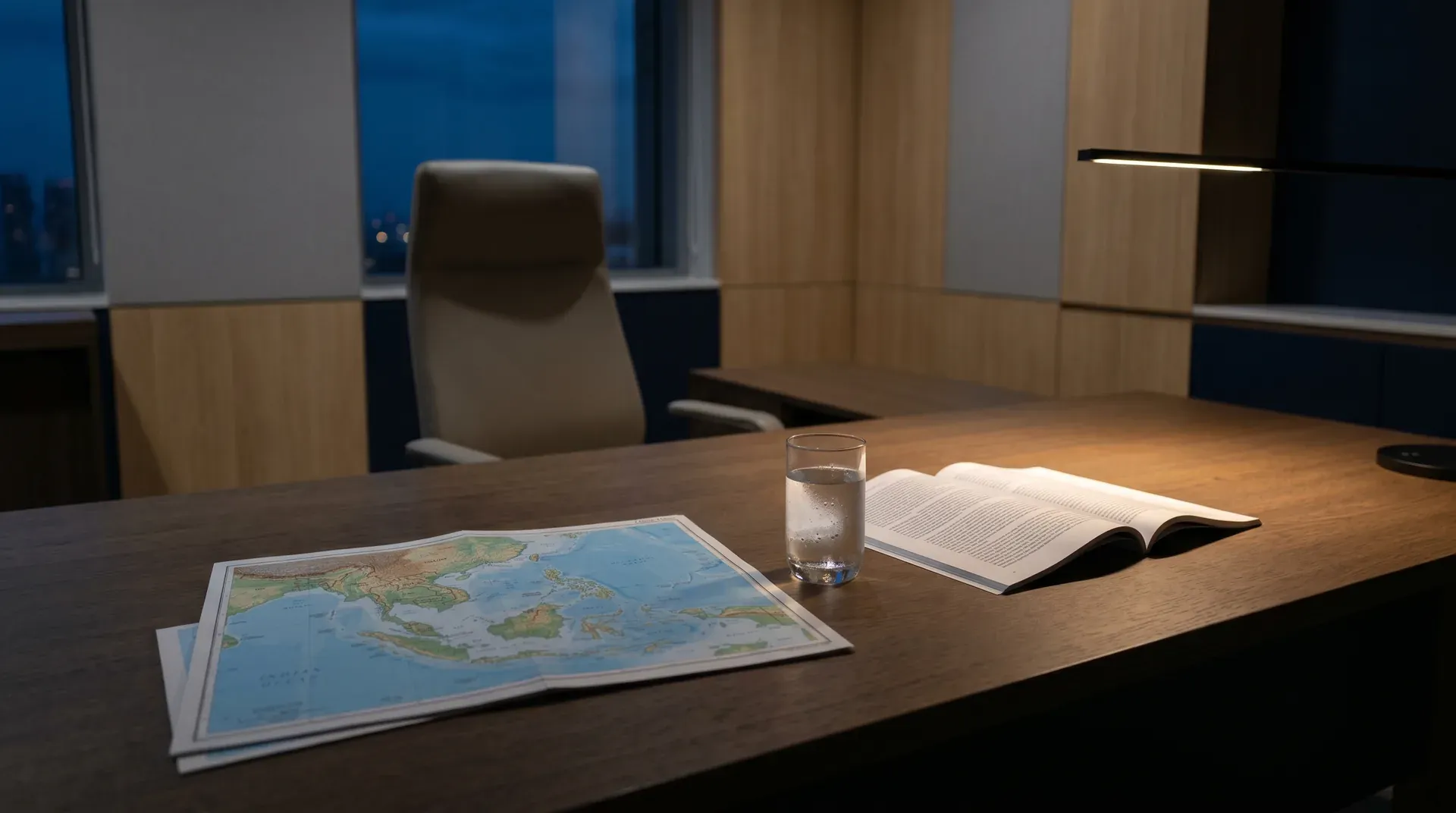 Conferentietafel met kaart, waterglas en opengeslagen document onder kantoorlicht.