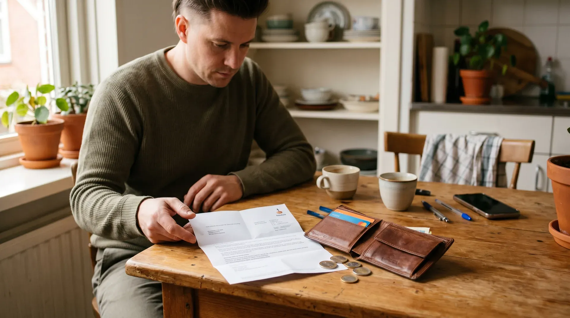 Man aan houten tafel bestudeert financieel document met portemonnee en munten erbij