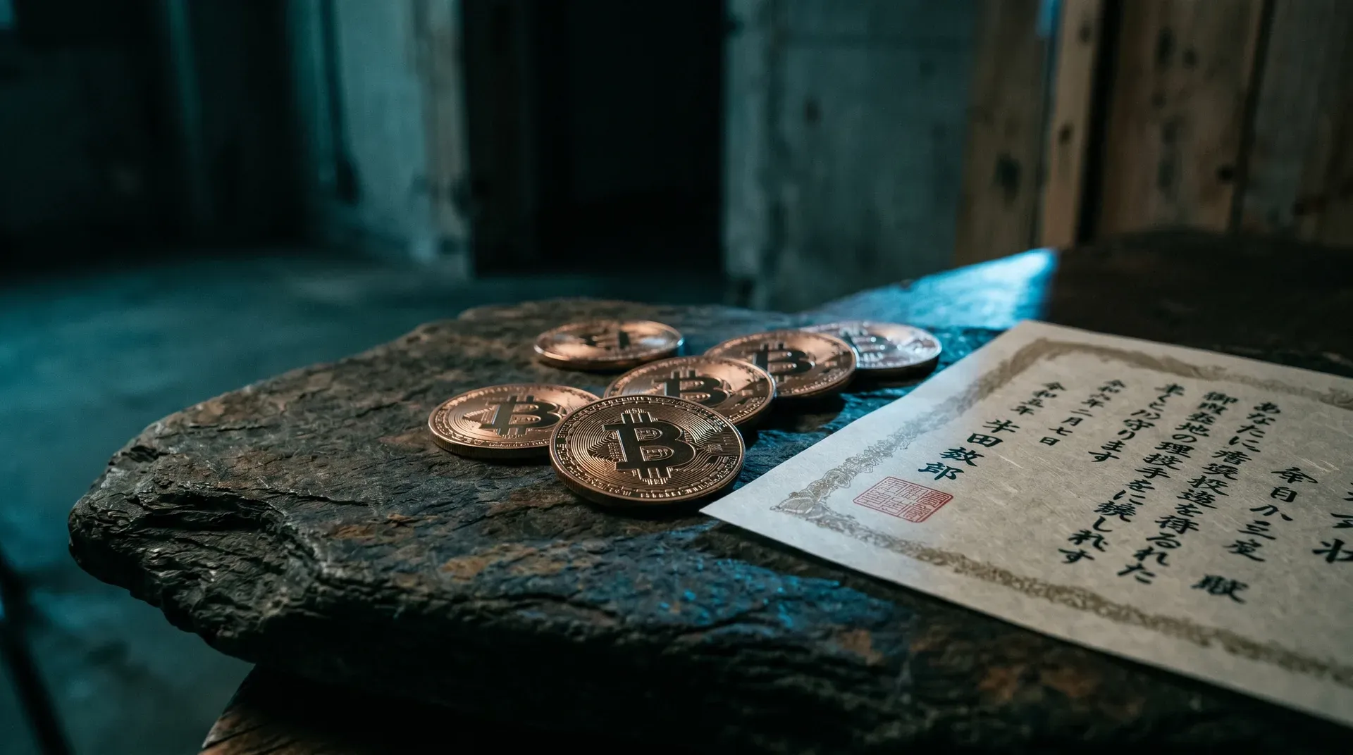 Bitcoin-munten op verouderde steen naast document met Aziatische karakters op blauwe achtergrond.