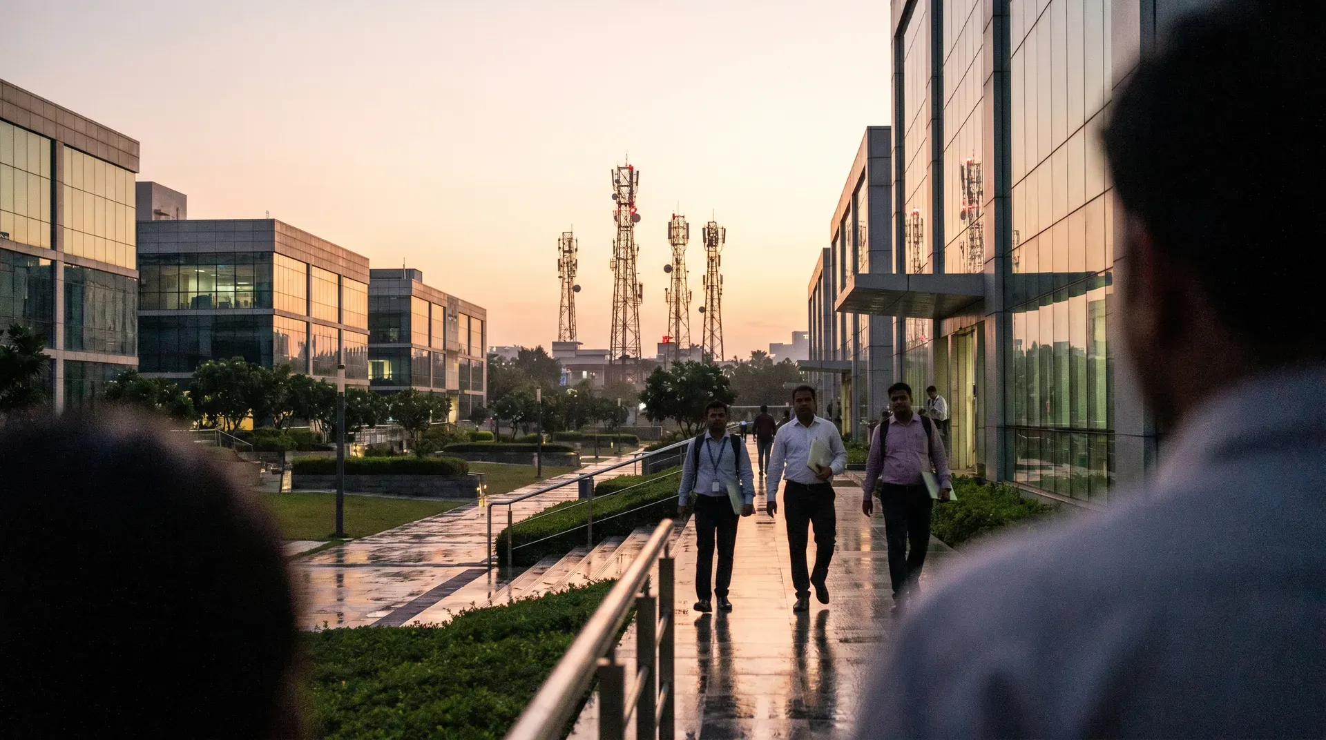 Zakenmensen lopen over natte plaza tussen moderne kantoorgebouwen bij zonsondergang, telecommunicatietorens op achtergrond
