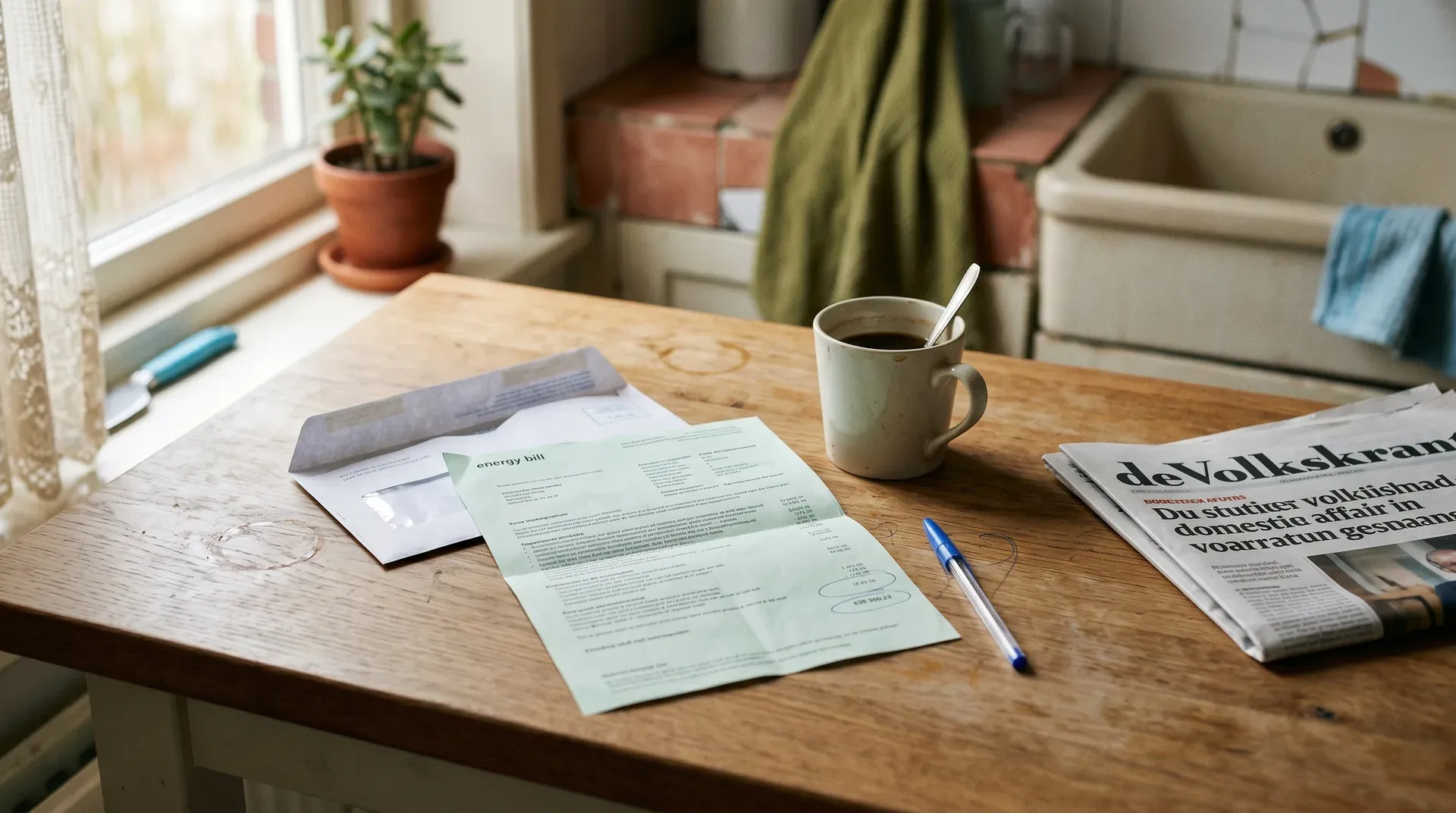 Houten bureau met energierekening, krant, koffiekopje, pen en potplant bij raam