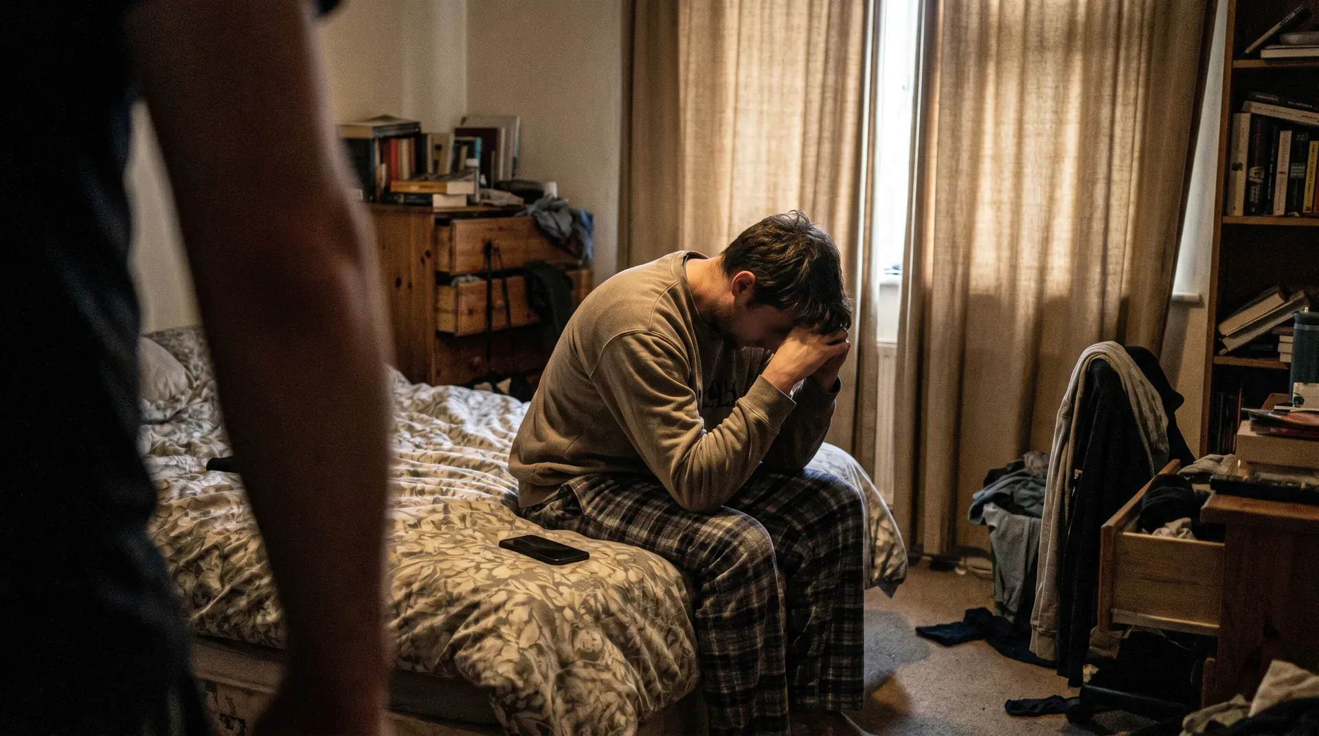 Man zit op bed met hoofd in handen, ernstige gezichtsuitdrukking in slaapkamer met boeken