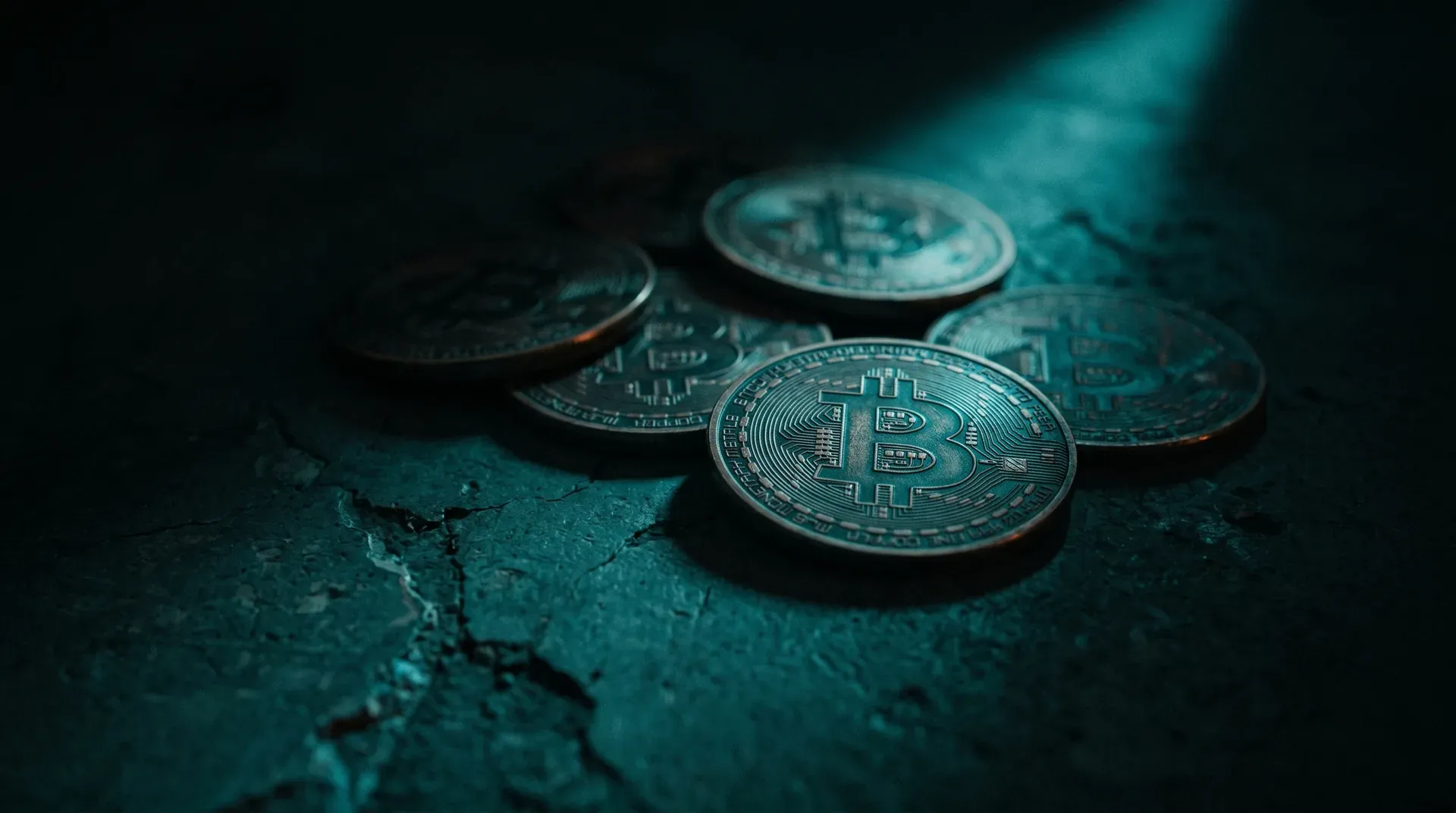 Meerdere bitcoins op turquoise oppervlak met cinematische blauwe verlichting en schaduwdetails