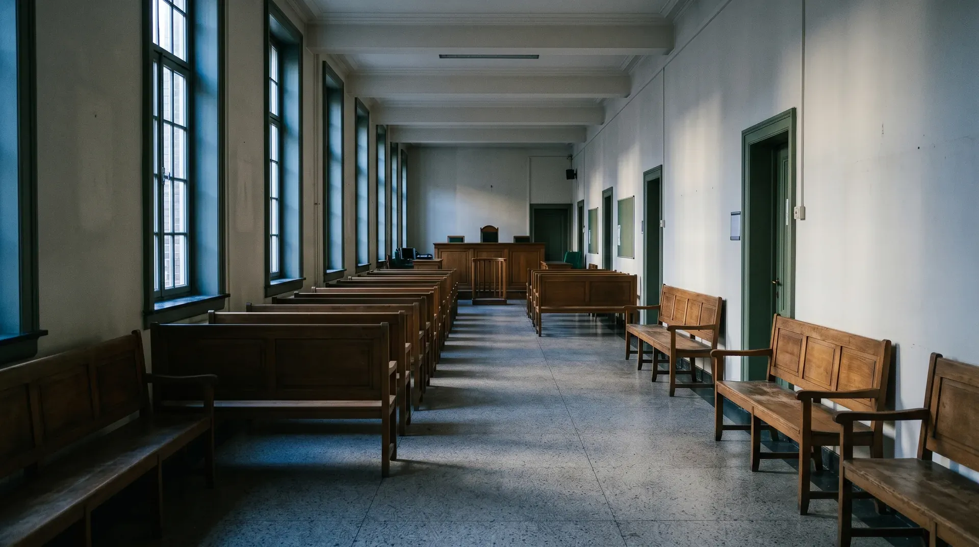 Lege rechtszaal met houten banken, grote ramen met daglicht, groen gekleurde deuren aan zijkanten.
