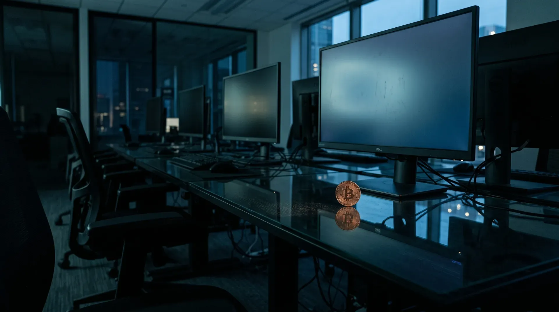 Moderne computerworkstation met meerdere monitoren en twee bitcoins op glazen bureau in kantoor