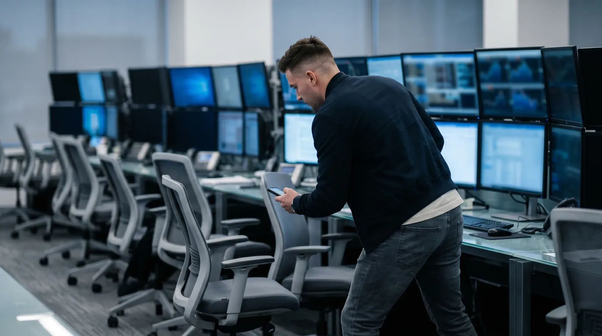 Man in zwart jasje houdt smartphone vast in control room met meerdere beeldschermen