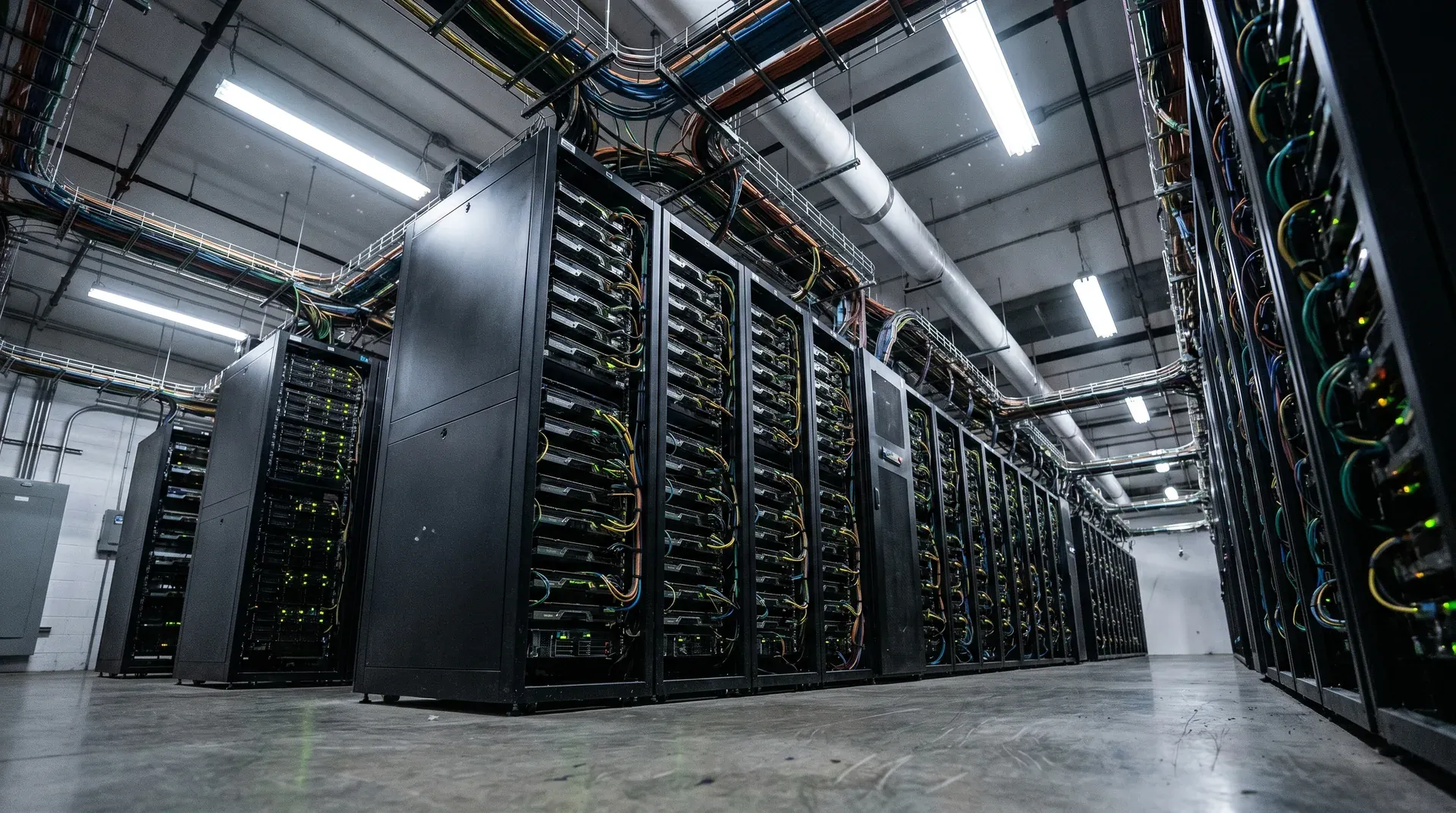 Moderne serverruimte met rijen zwarte racks, gele en gekleurde kabels, LED-verlichting aan plafond