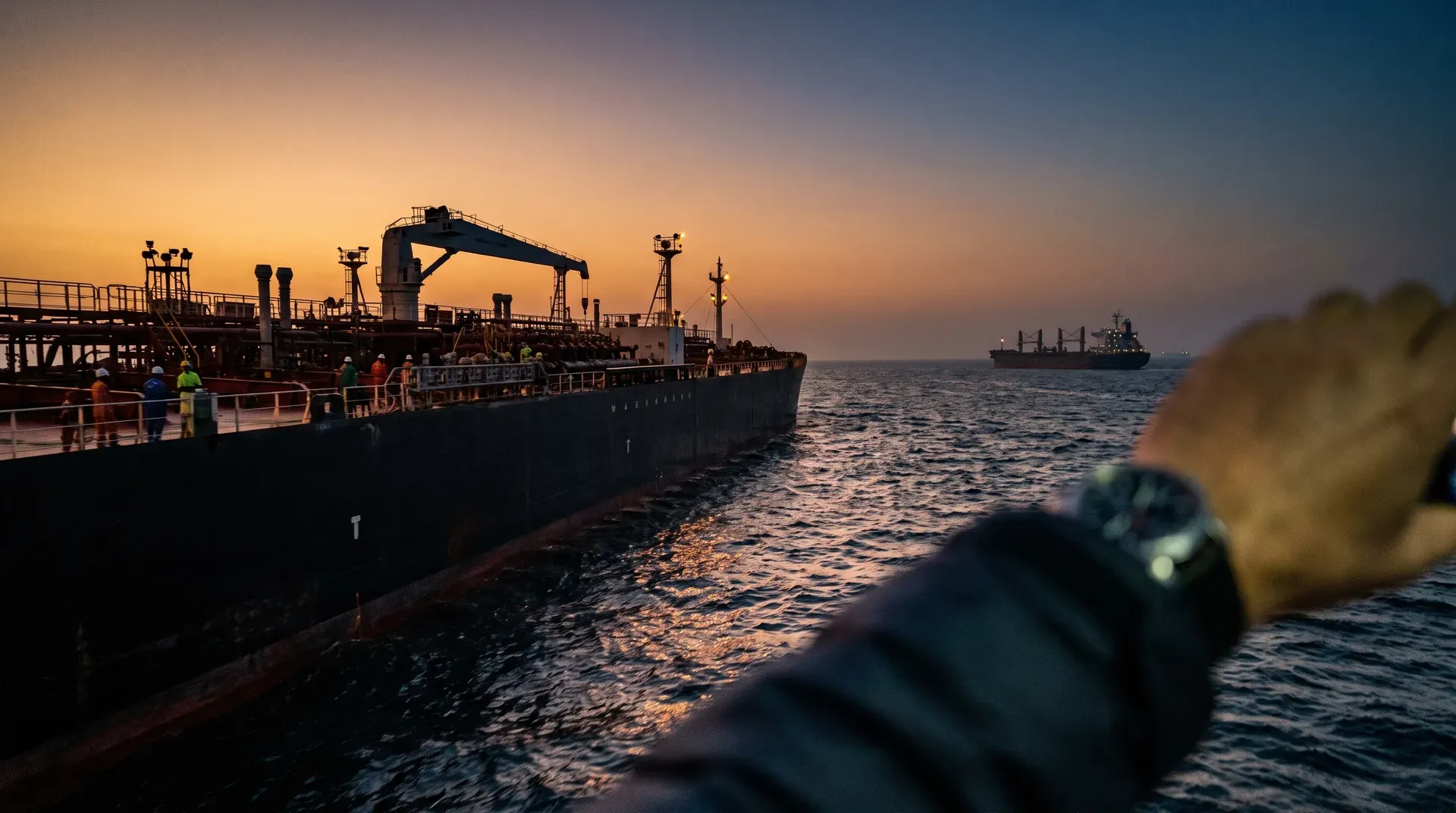 Tankschip bij zonsondergang met meerdere vrachtschepen op zee, haven- en laadinstallaties zichtbaar