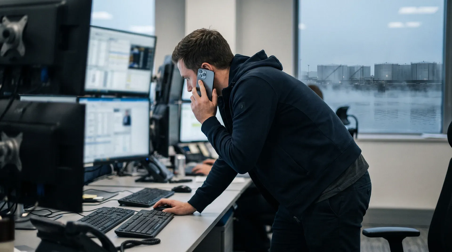 Man aan bureau met meerdere monitoren voert telefoongesprek, uitzicht op rivier en industrieterrein