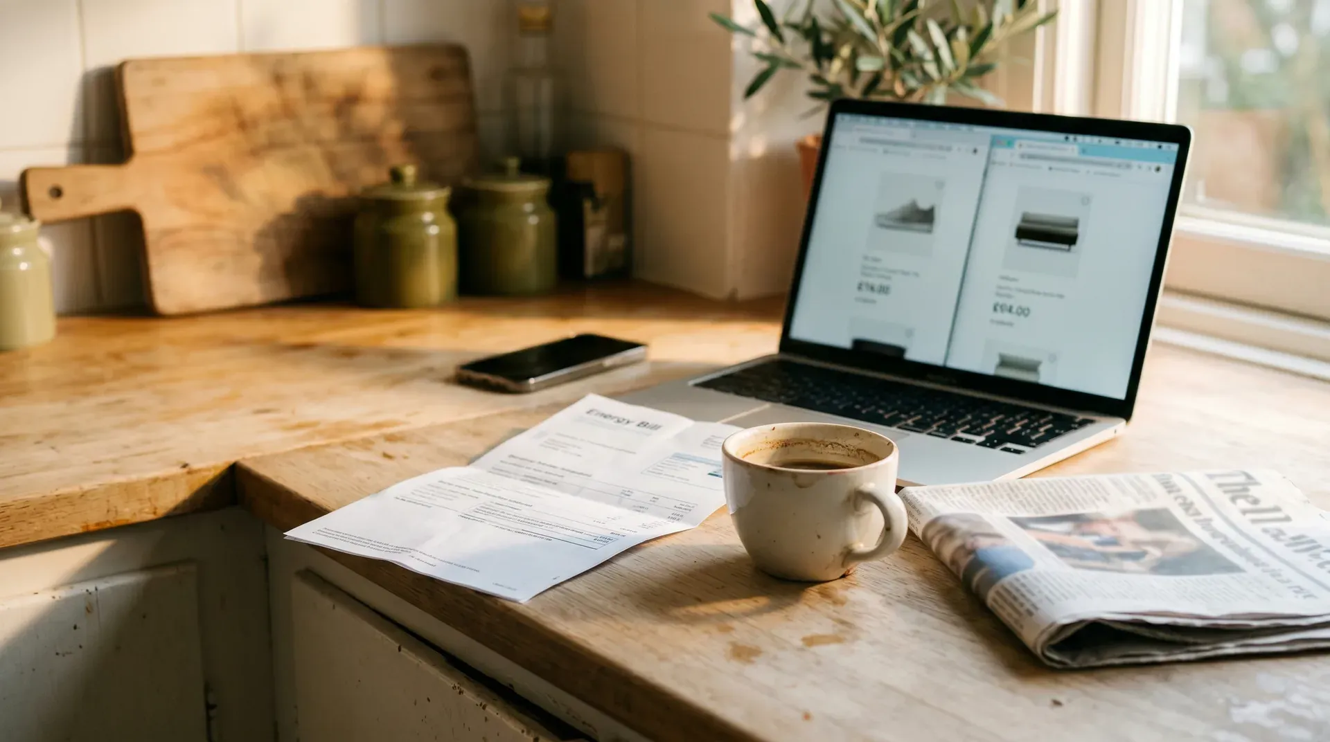 Houten werkbureau met laptop, koffiekopje, documenten, krant en smartphone in zonlicht