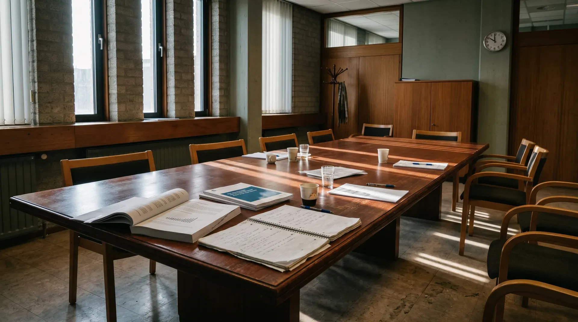Lege conferentiezaal met houten tafels, stoelen en documenten in zonlicht, grote ramen met bakstenen.