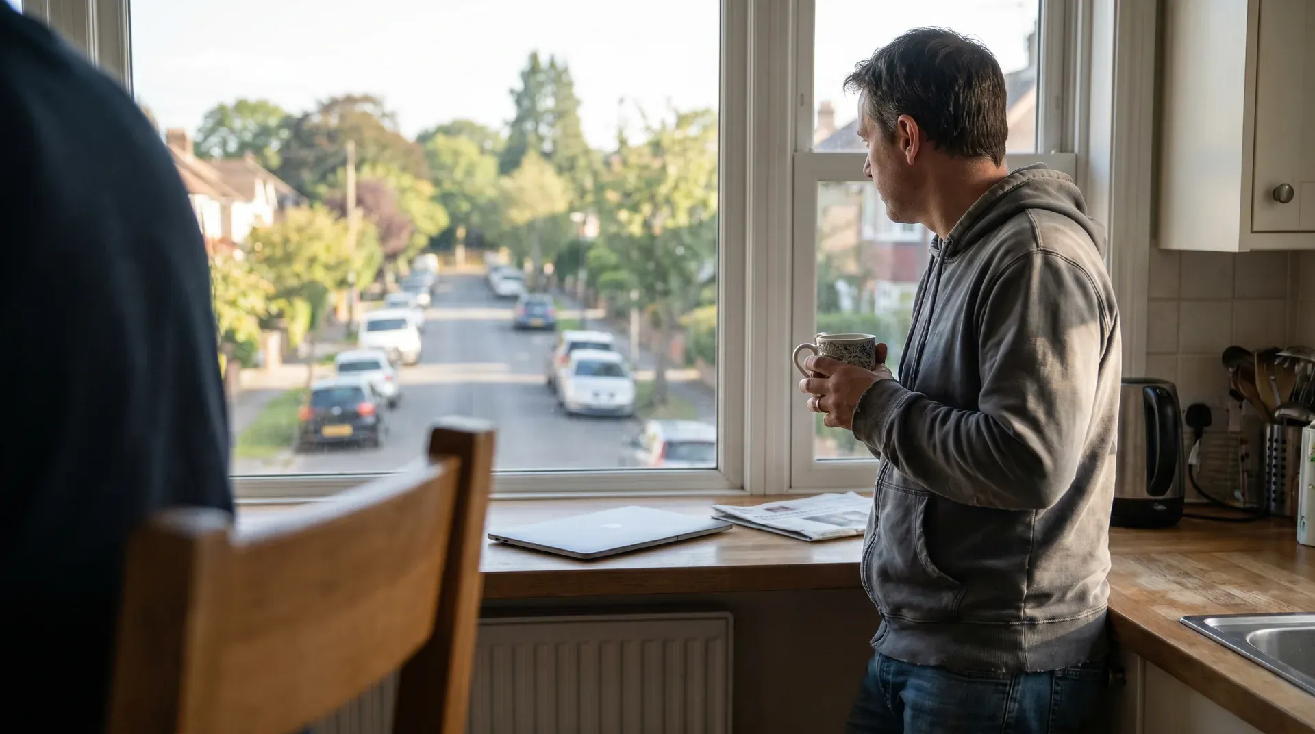 Man in hoodie staat bij raam met koffie, uitzicht op rustige woonstraat met bomen en geparkeerde auto's
