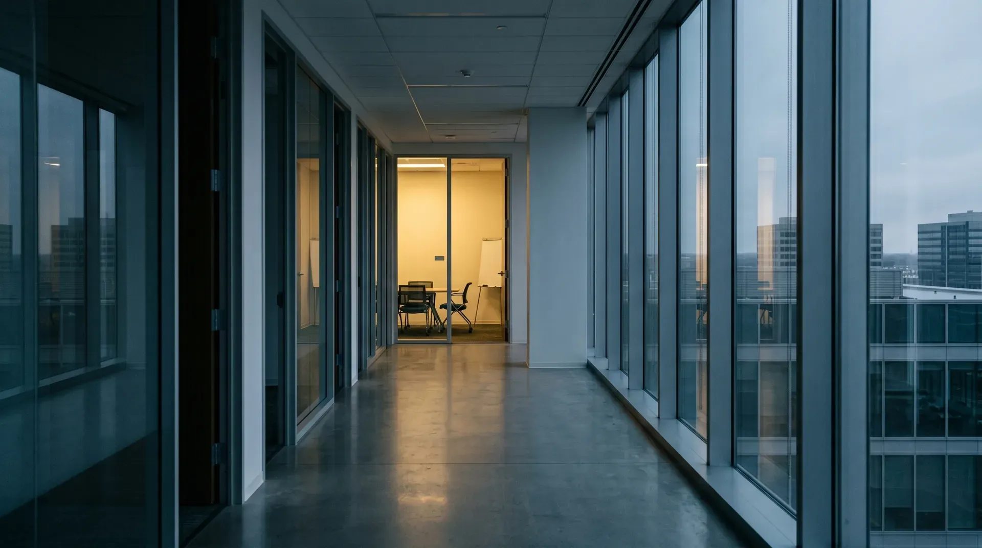 Modern kantoorgang met glazen wanden en skyline uitzicht, lege werkplek zichtbaar