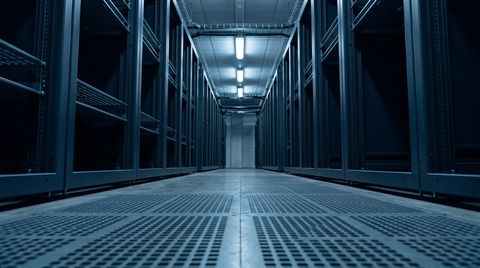Symmetrische gang tussen serverracks in datacenter met fluorescerende verlichting