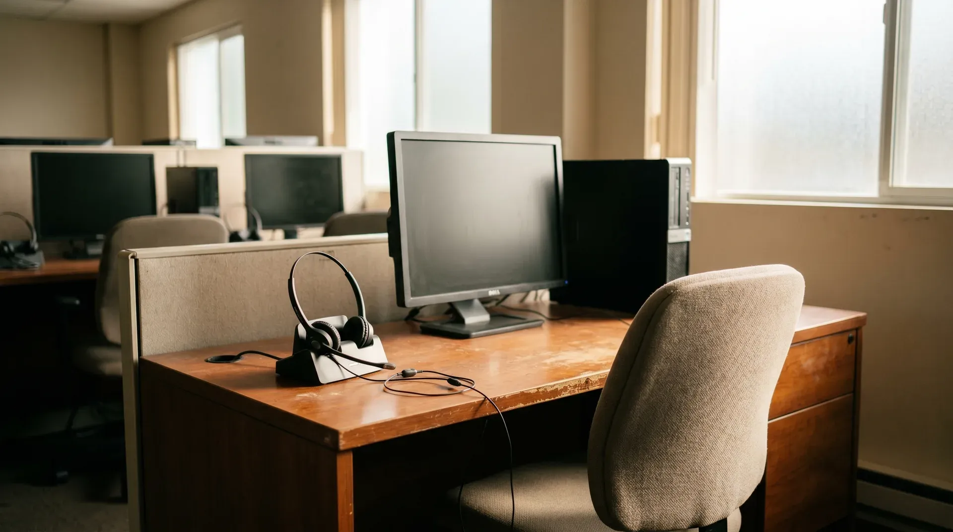 Leeg kantoorbureau met headset, monitor en beige stoel in modern open office