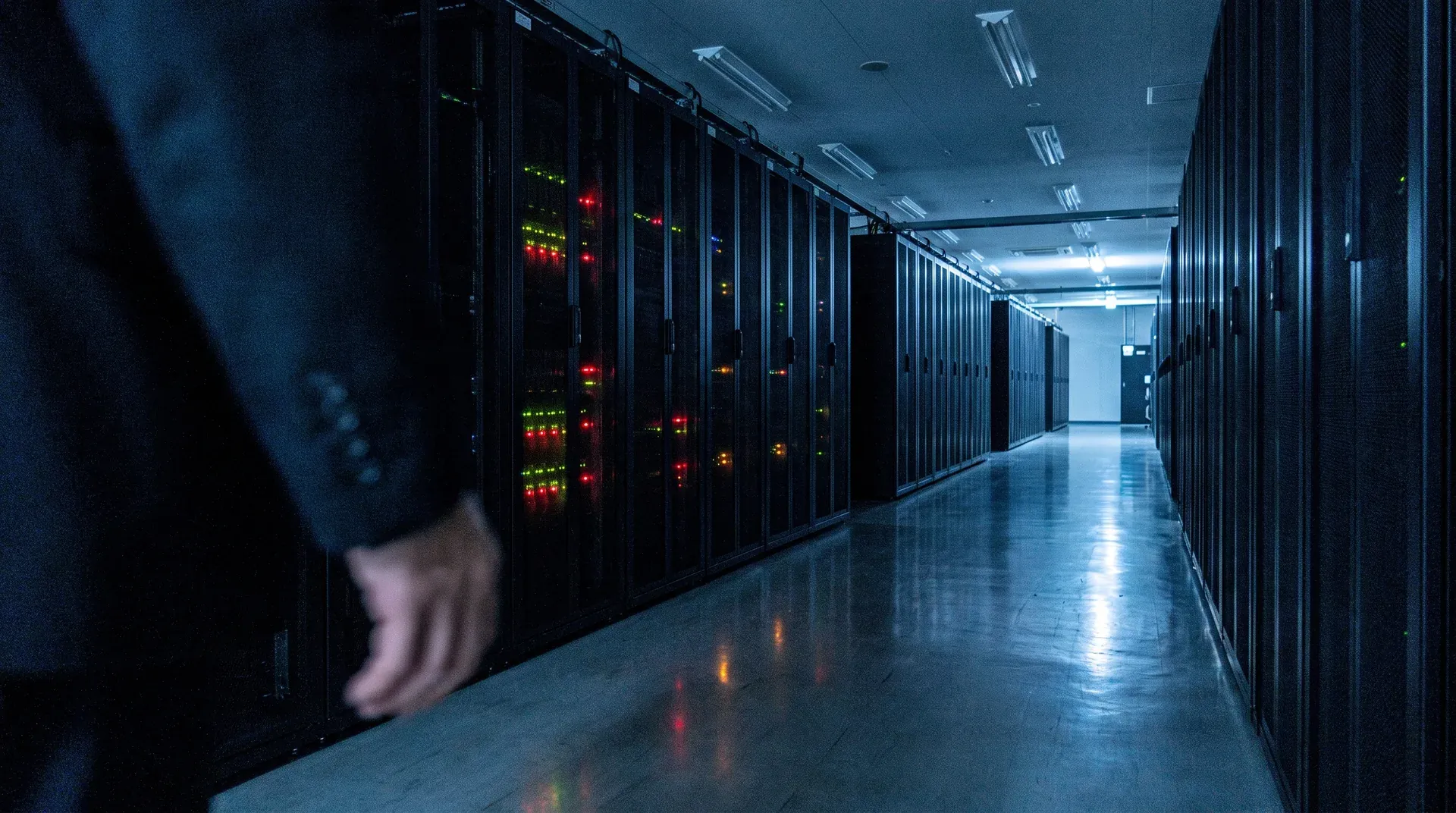 Datacentergang met serverracks, rode en groene indicatorlichten, blauwe verlichting, gladde vloer
