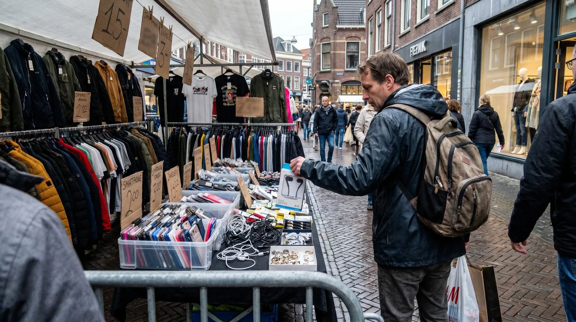 Straatmarkt met kleding- en accessoireverkoper, voorbijgangers winkelen in winkelstraat