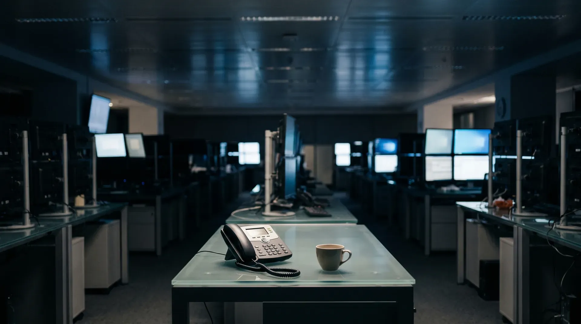 Verlaten modern kantoor met bureaus, telefoon, koffiekopje en meerdere monitors op afstand