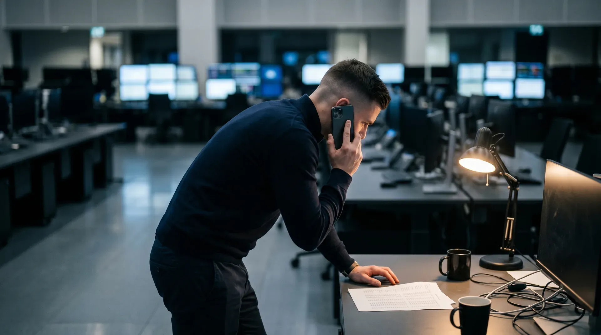 Man in donker overhemd belt in moderne kantoorruimte met computerschermen en verlichte bureaulamp op achtergrond.
