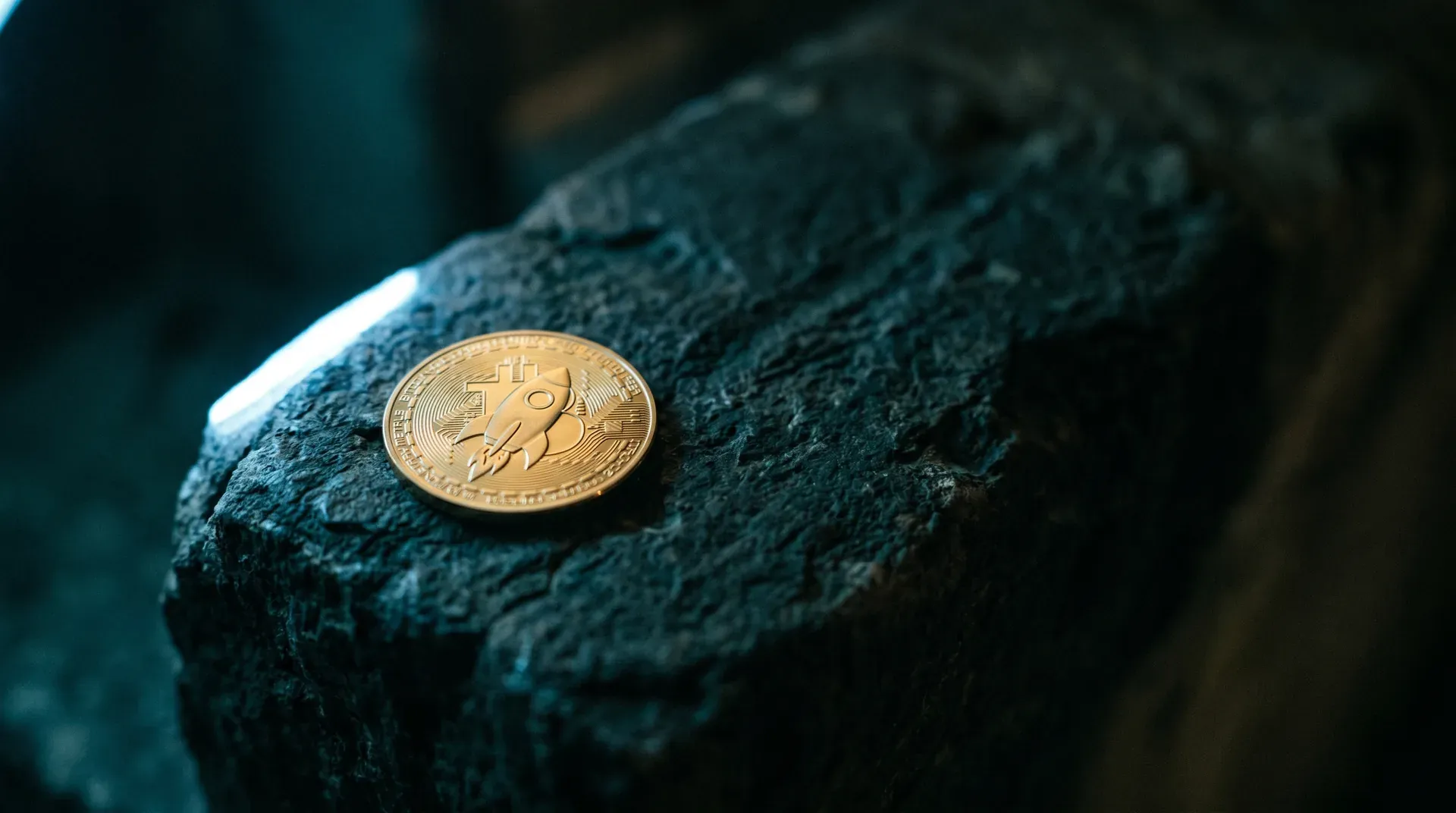 Goudkleurige Bitcoin-munt op donkerblauwe gestructureerde steen onder helder licht