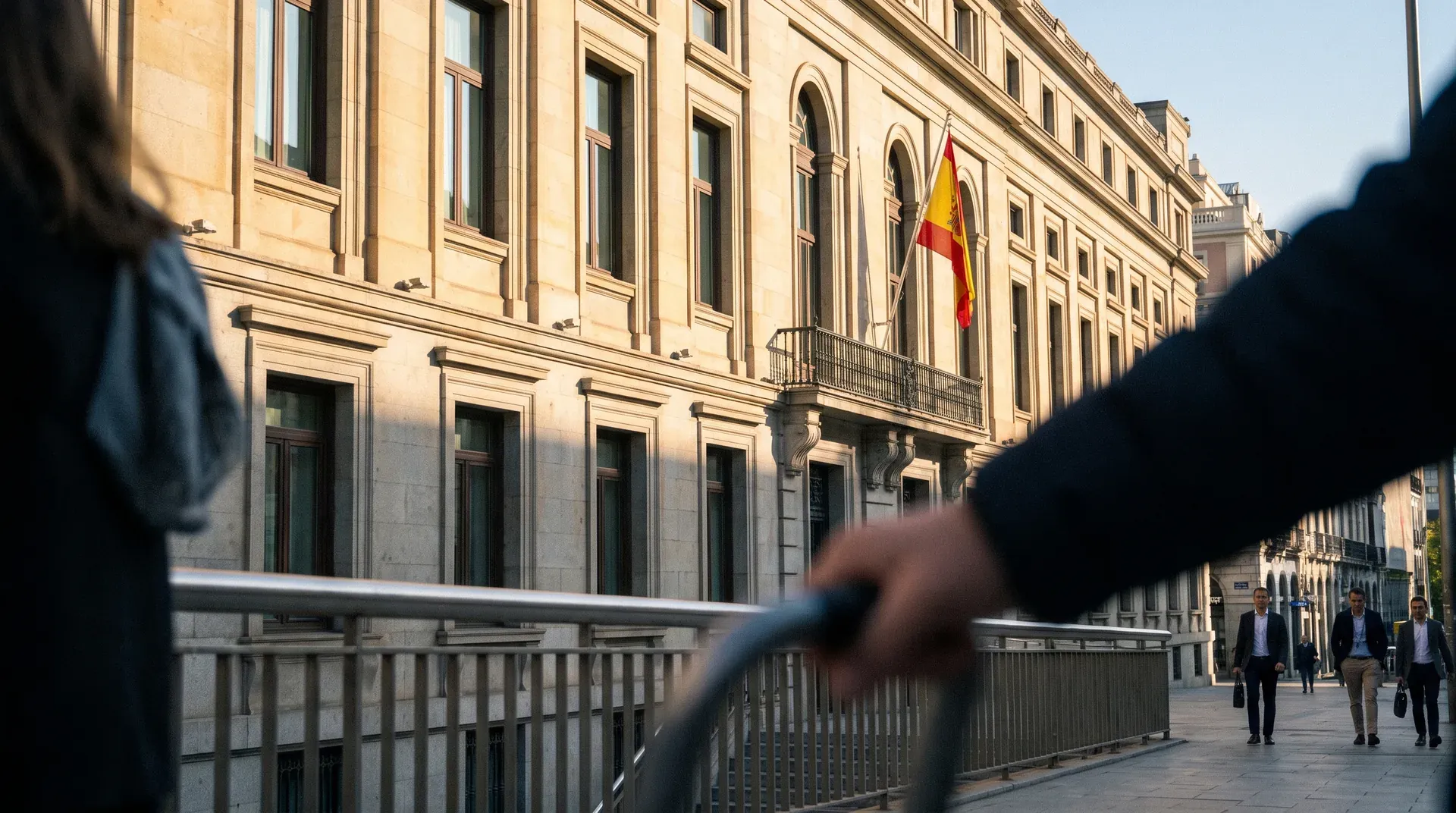 Imposant regeringsgebouw met Spaanse vlag, voetgangers op plein, architectuur van staatsinstellingen