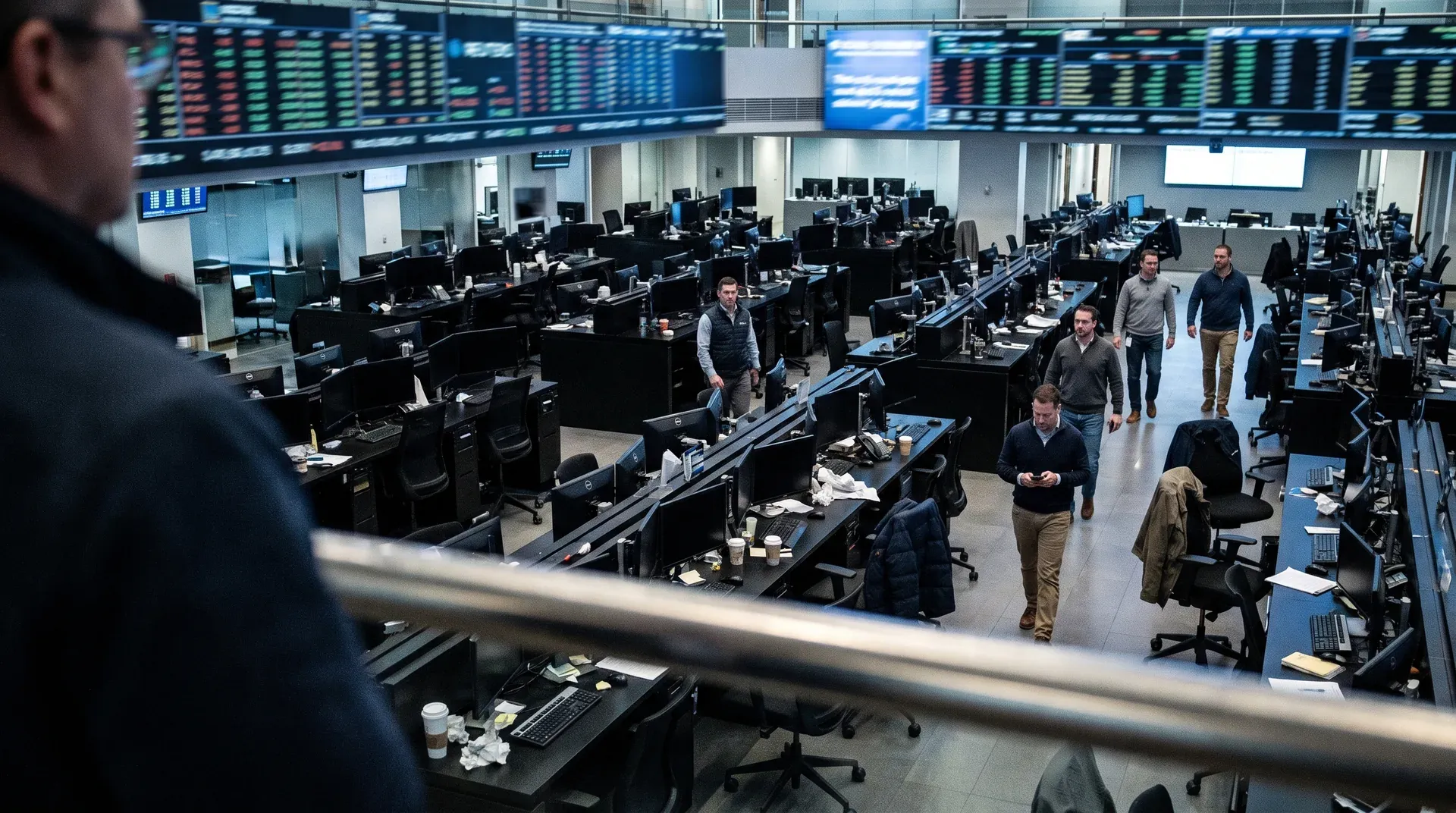 Handelsvloer met traders achter computerschermen en elektronische borden met marktgegevens aan de muur