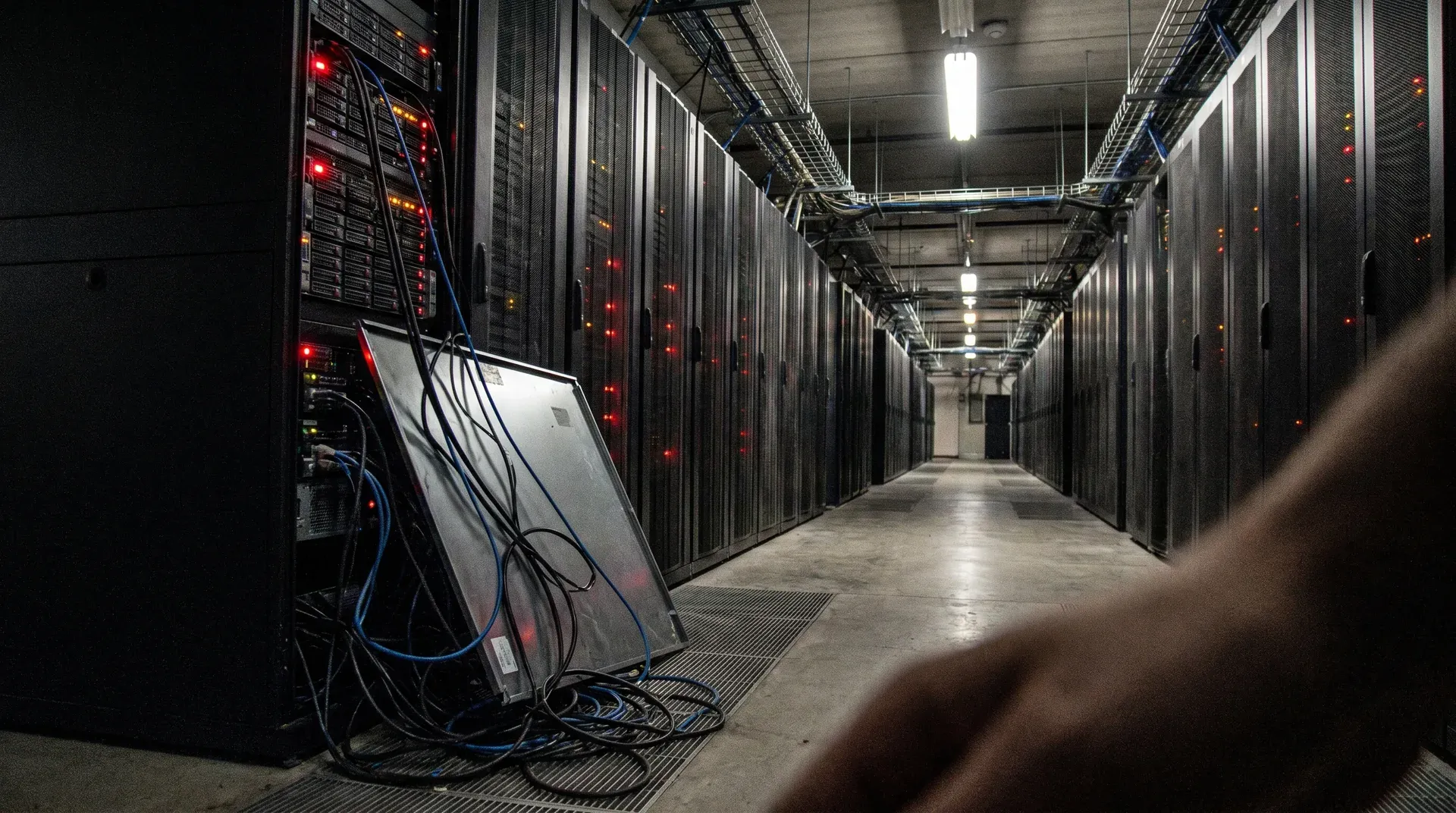 Serverrij in datacentrum met indicator-leds en kabels, perspectief naar achter