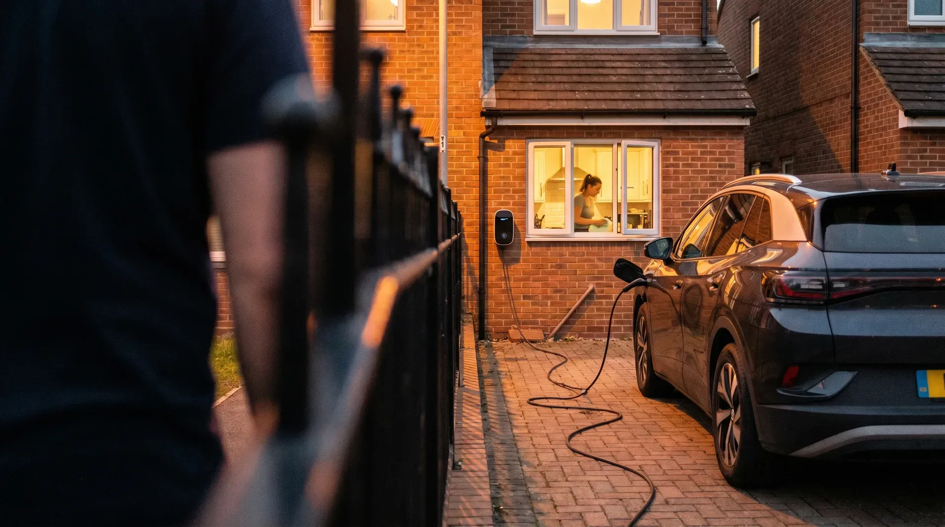 Elektrische auto laadt op in oprit van bakstenen huis bij avondlicht