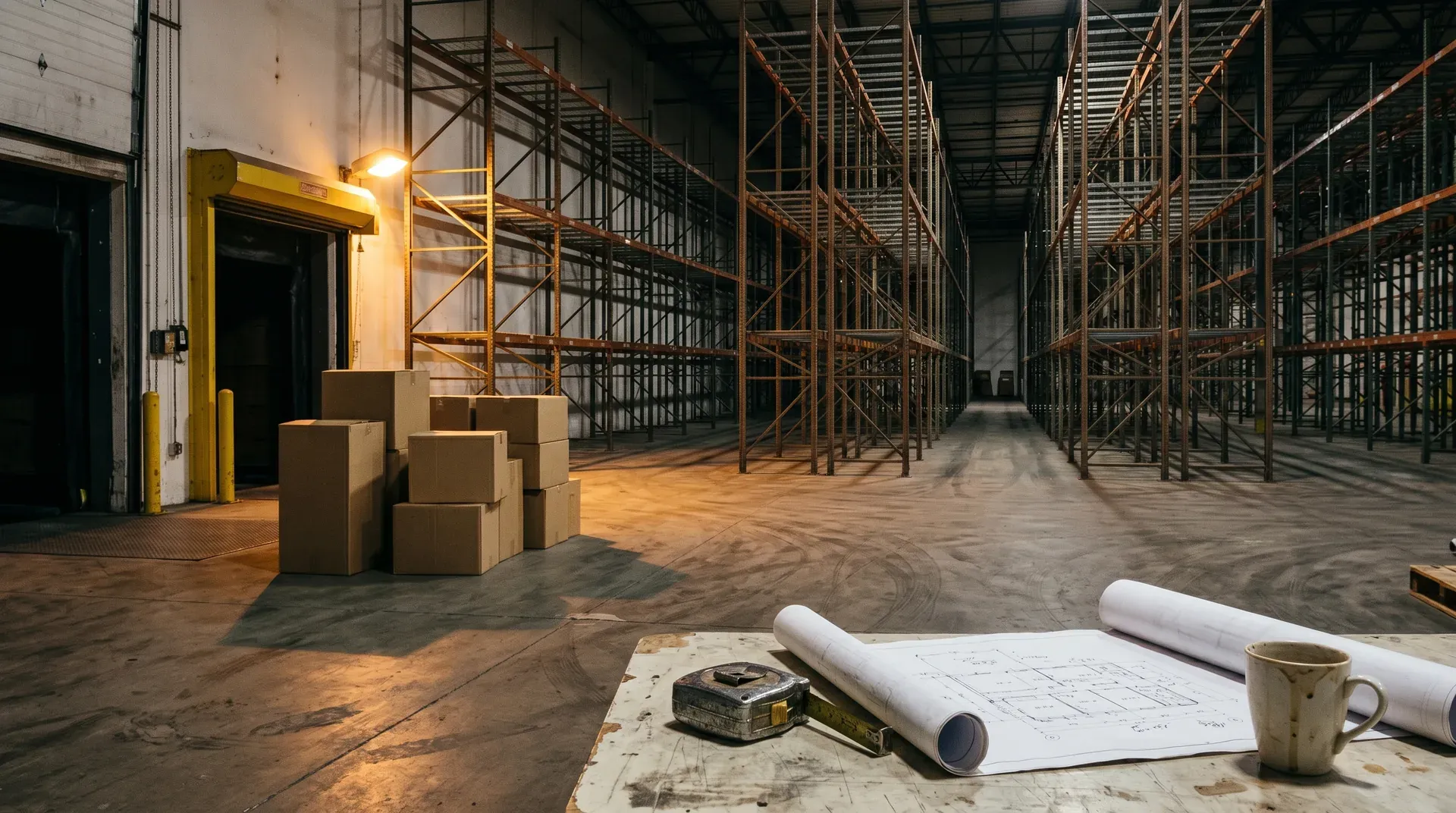 Lege industriële magazijnhal met metalen stellages, bouwplannen en gereedschap op voorgrond