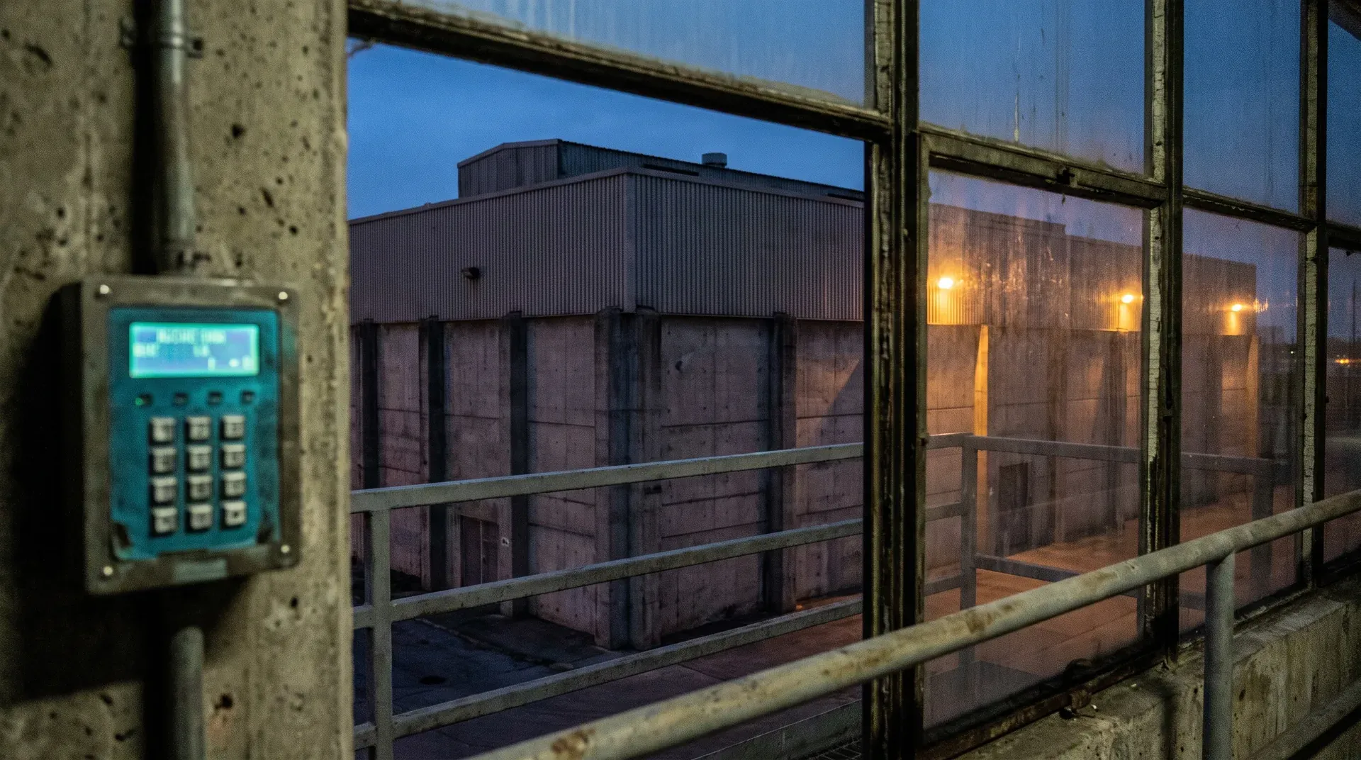 Industrieel complex bij schemering met verlichte ramen, oude keypad aan betonnen muur, roestige metalen reling op voorgrond