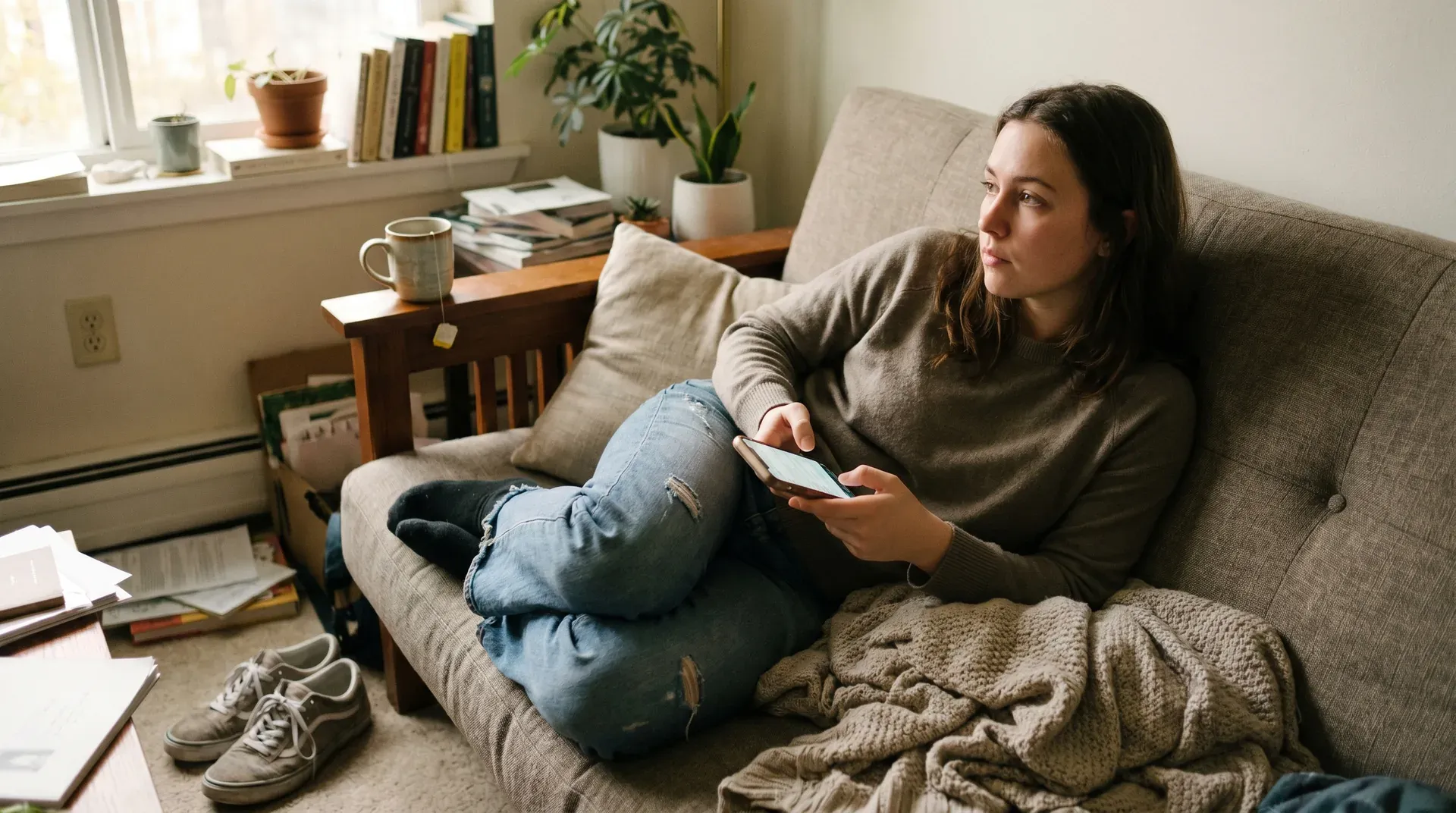 Vrouw zittend op grijze bank met telefoon in hand, huiskamer met boeken en planten