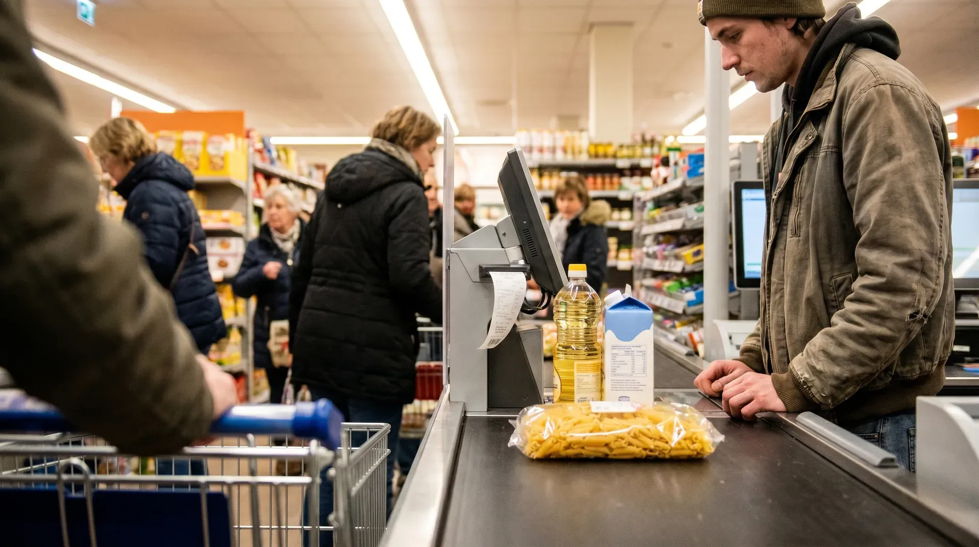 Man betaalt bij supermarktkassa met olie en melk op band, andere klanten wachten in rij