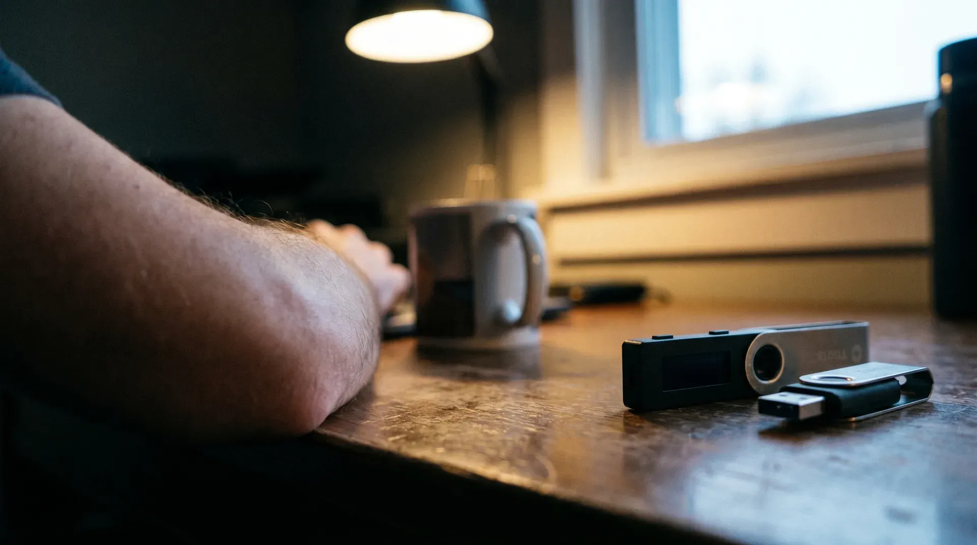 USB-stick en smartphones op houten bureau onder warm licht in kantoor