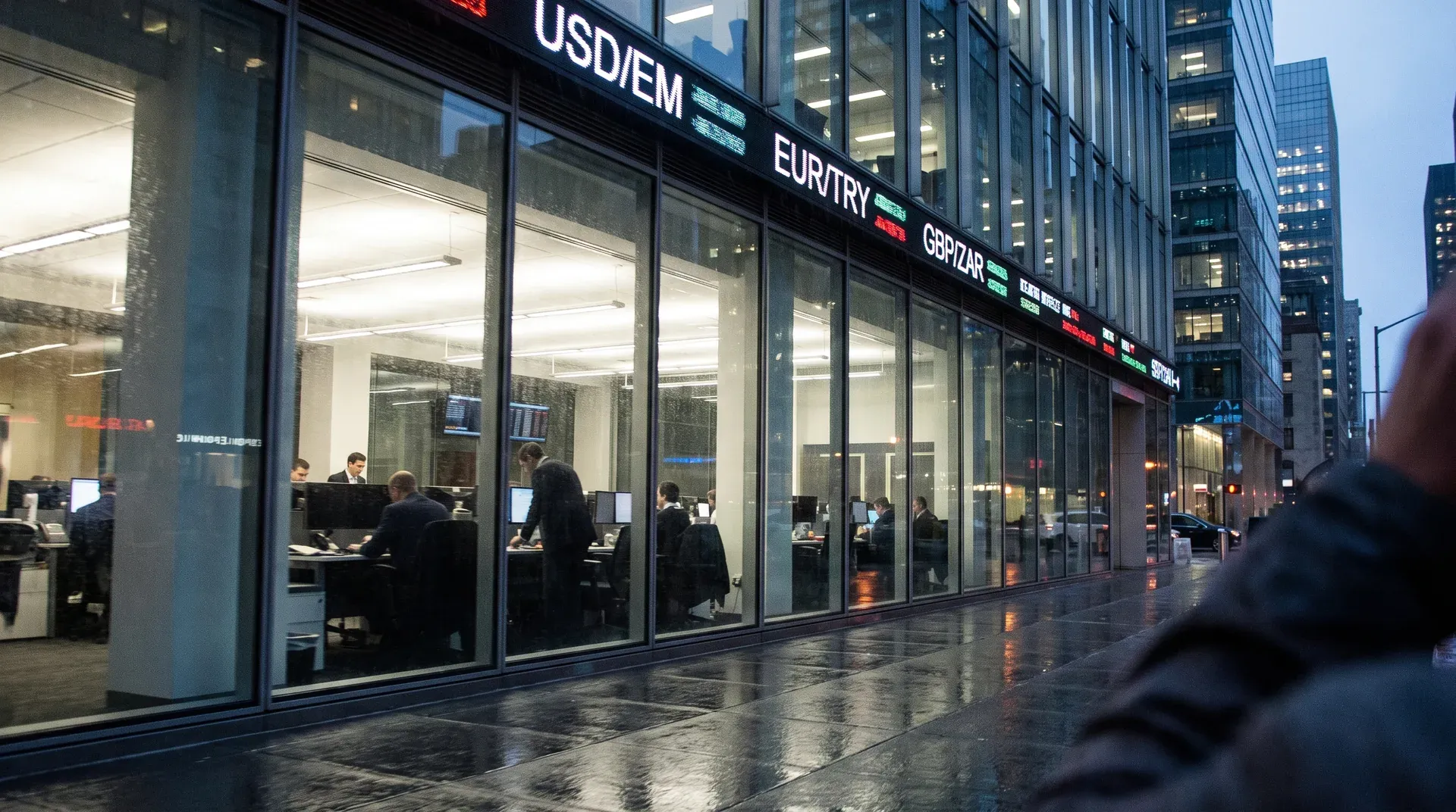 Financieel handelskantoor met beurs-informatieschermen, medewerkers aan bureaus, moderne glazen gevel met neonlettering.