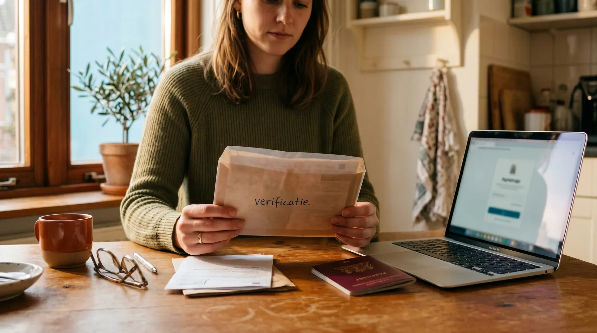 Vrouw aan houten bureau bekijkt envelop met 'verificatie' erop, laptop en paspoort zichtbaar