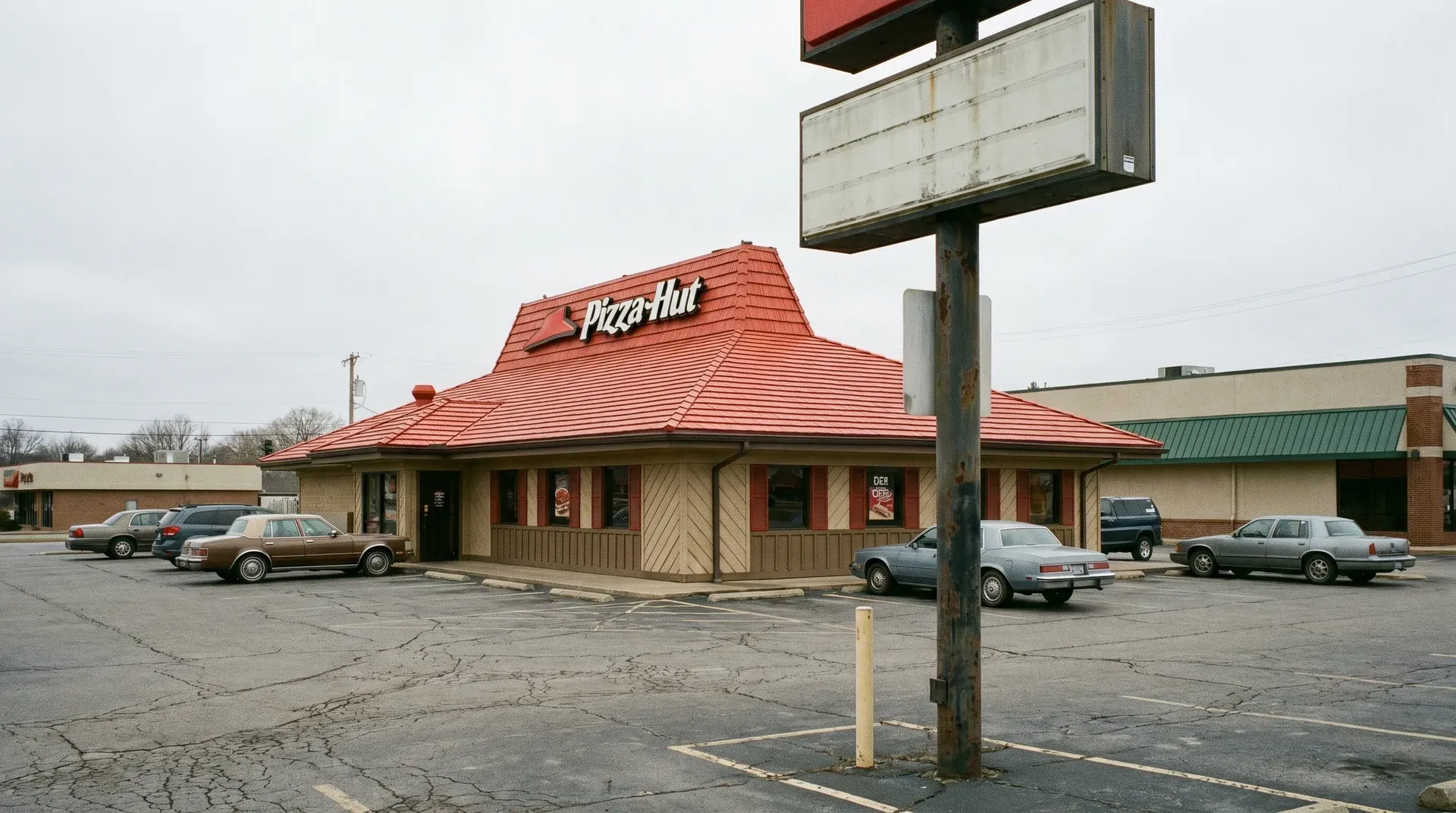 Pizza Hut restaurant met rood dak en beige wanden in Amerikaanse parkeerplaats met oudere auto's