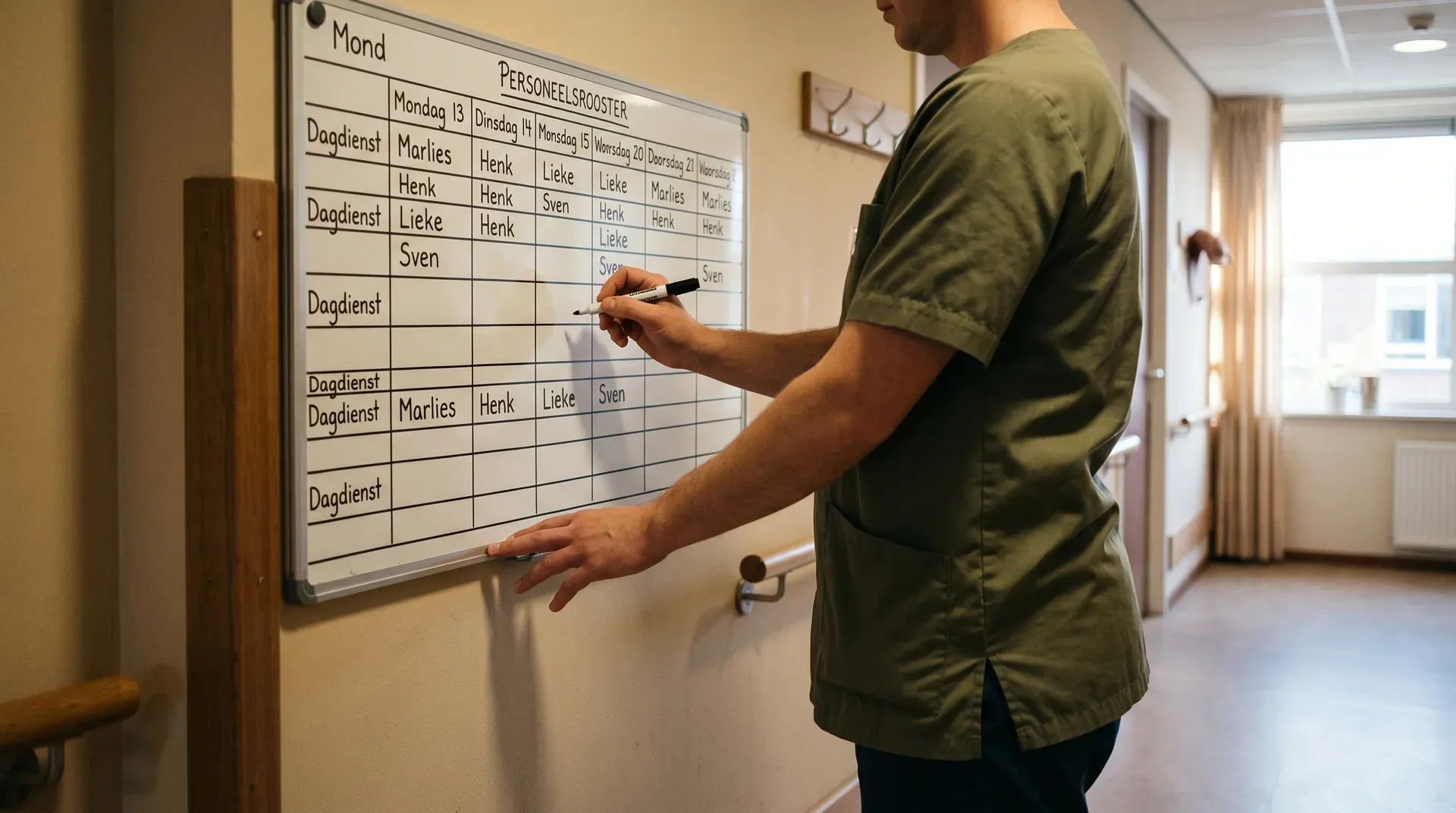 Man in groen shirt schrijft namen op personeelsrooster op whiteboard in kantoorgang
