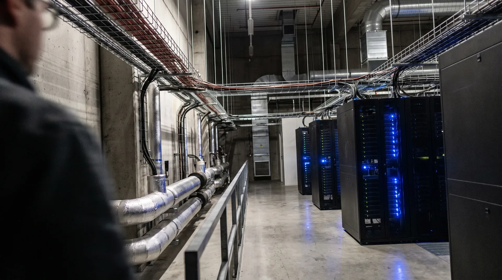 Datacenterruimte met serverkasten en blauwe LED-verlichting, gekoelde leidingen langs betonwand