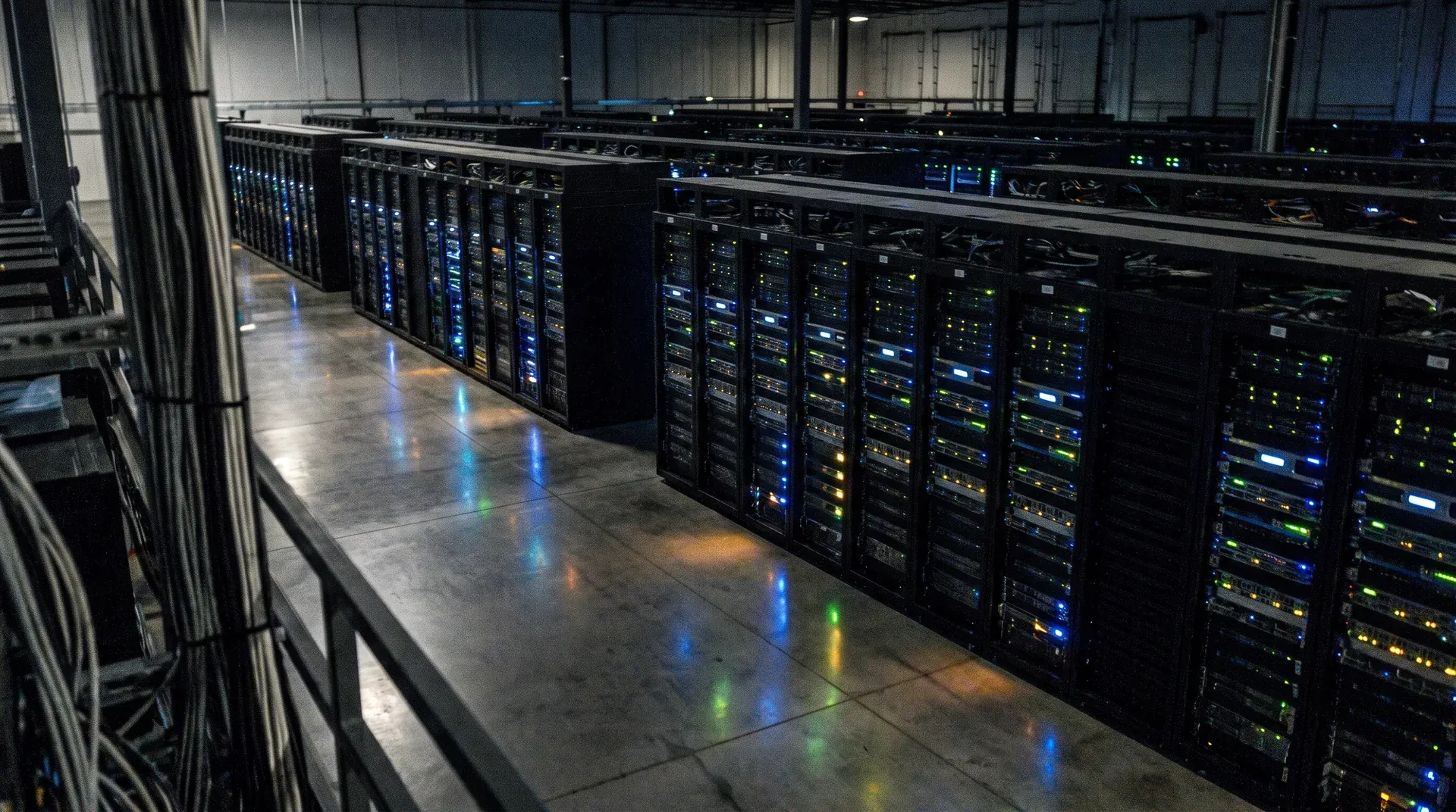 Moderne serverhal met zwarte racks en blauwe, gele en groene indicator-ledjes langs beide zijden.