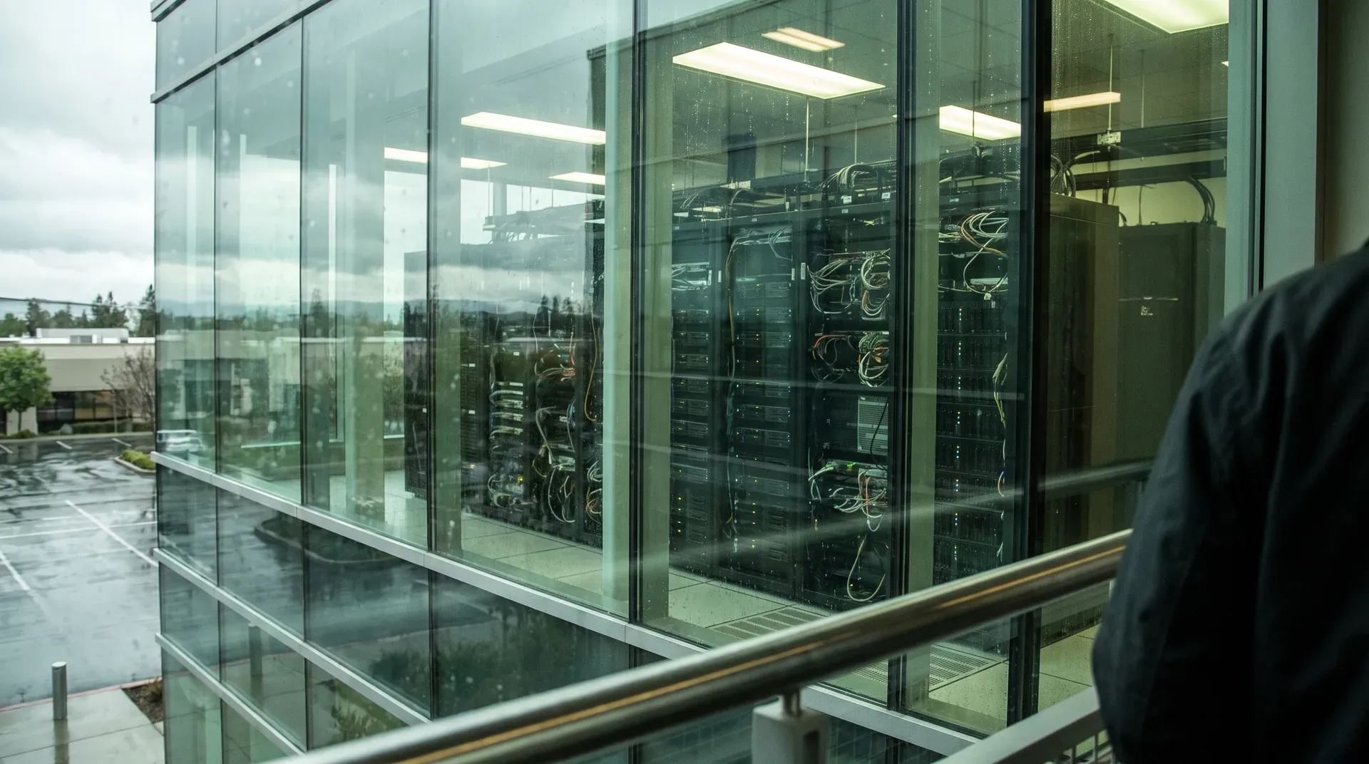 Glazen kantoorgebouw met zichtbare serverracks en netwerkkabels achter ramen, landschap op achtergrond