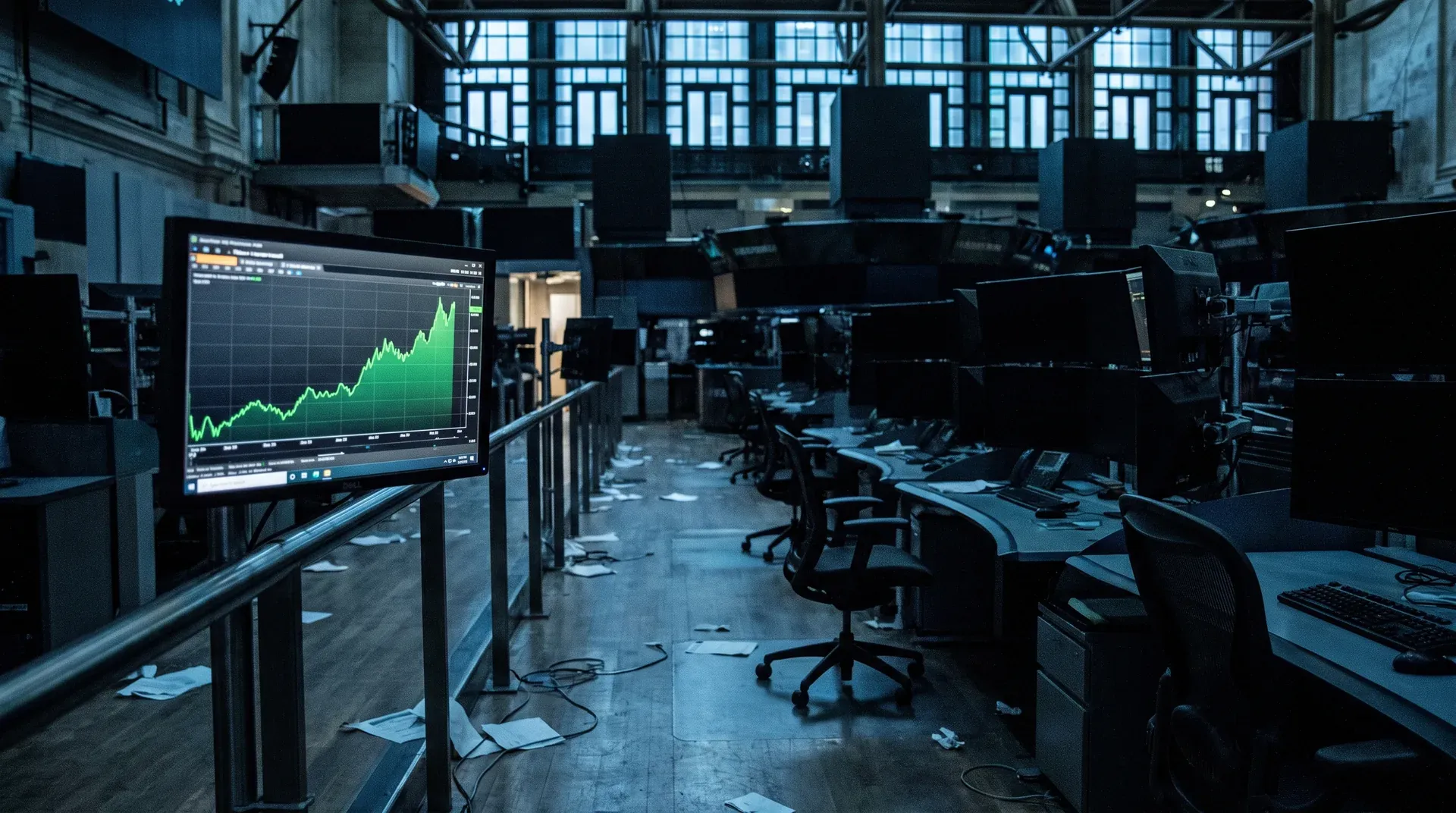 Verlaten handelsvloer met groen stijgende grafiek op monitor, meerdere donkere schermen en bureaus