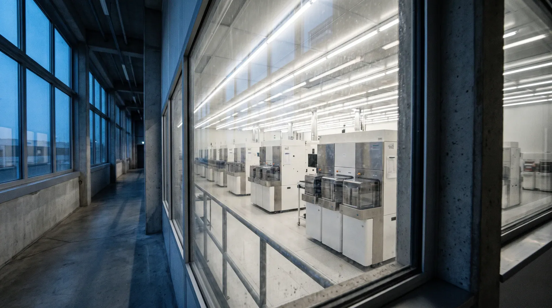 Moderne laboratoriumruimte met rijen witte analysemachines onder LED-verlichting, betonnen zuilen, grote ramen.