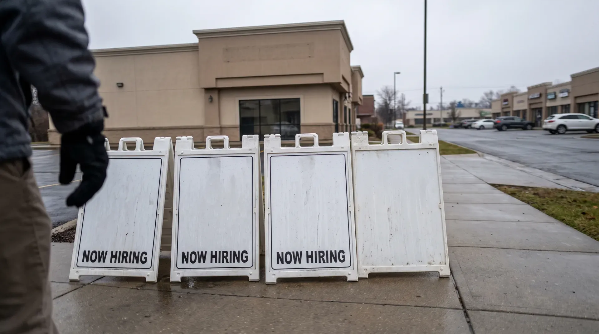 Vier witte 'Now Hiring'-borden op voetpad voor winkelcentrum op regenachtige dag