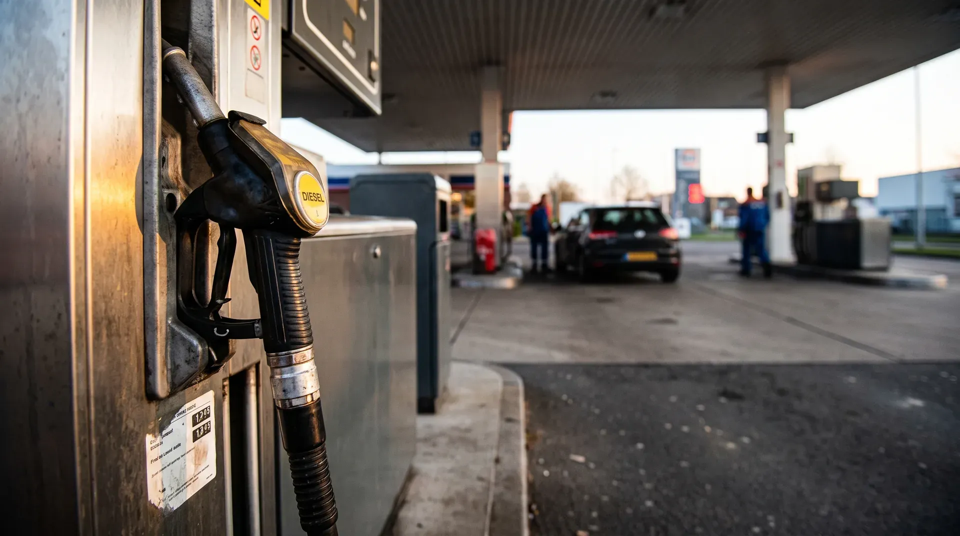 Dieselpomp op tankstation met auto's en bezoekers op de achtergrond